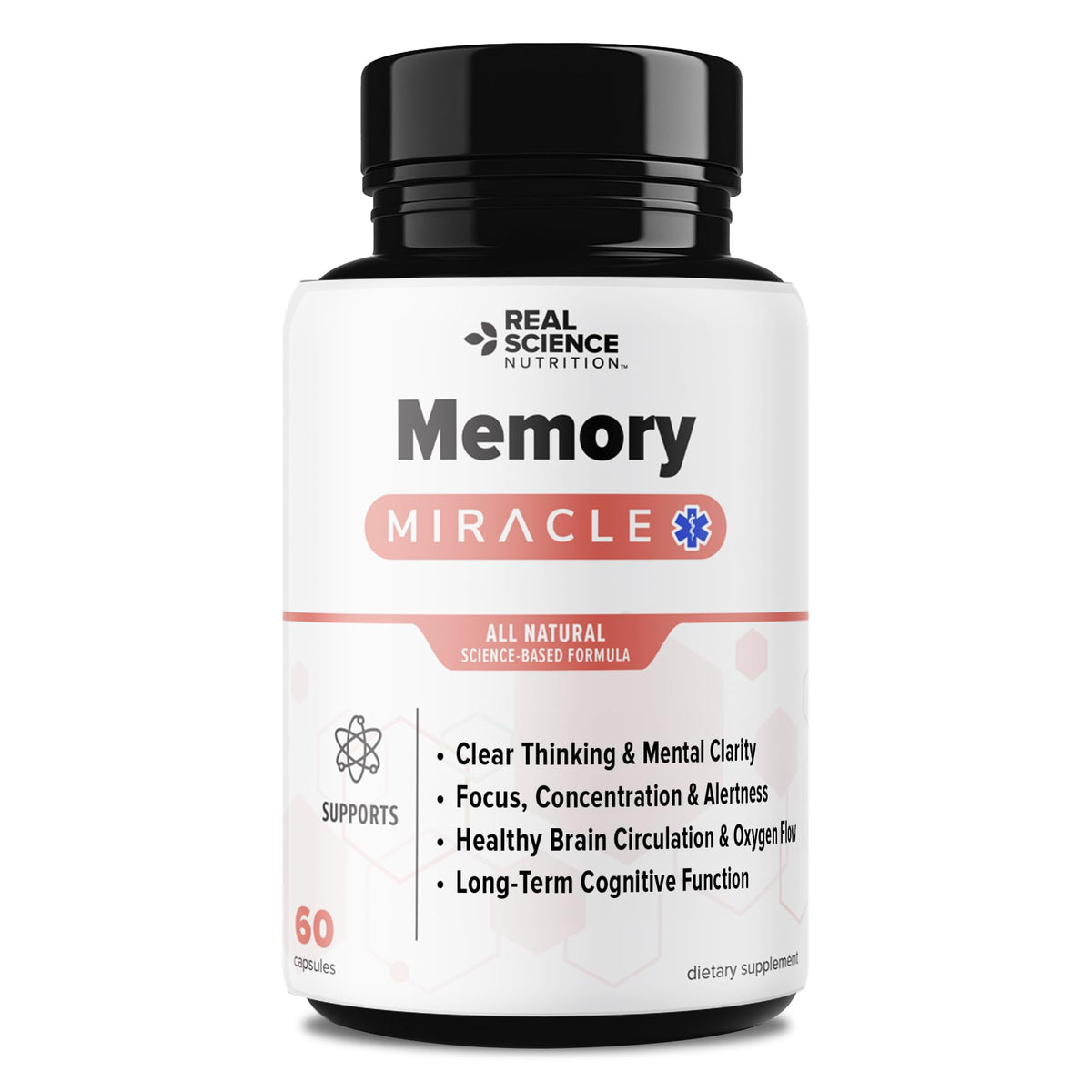 Real Science Nutrition Memory Miracle bottle shows daily brain support in clear packaging.