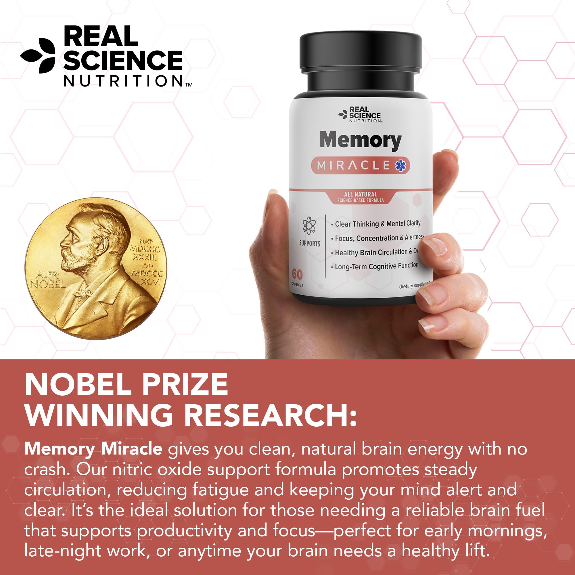 Memory Miracle close-up ingredients panel emphasizes B vitamins and antioxidants.