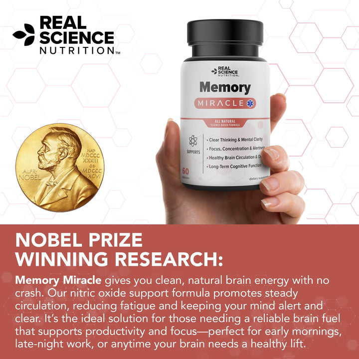 Memory Miracle close-up ingredients panel emphasizes B vitamins and antioxidants.
