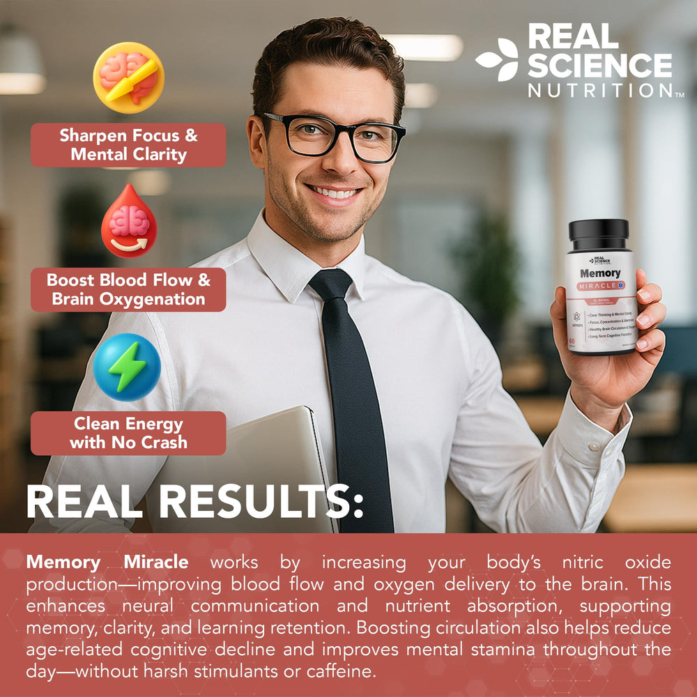 Real Science Nutrition Memory Miracle packaging box conveys high safety and purity.