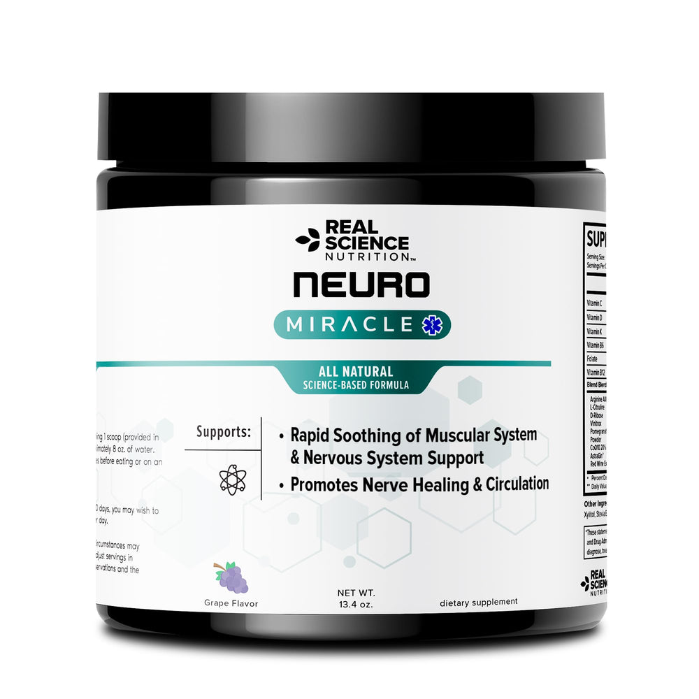 Real Science Nutrition Neuropathy Miracle bottle pour showing circulation focus