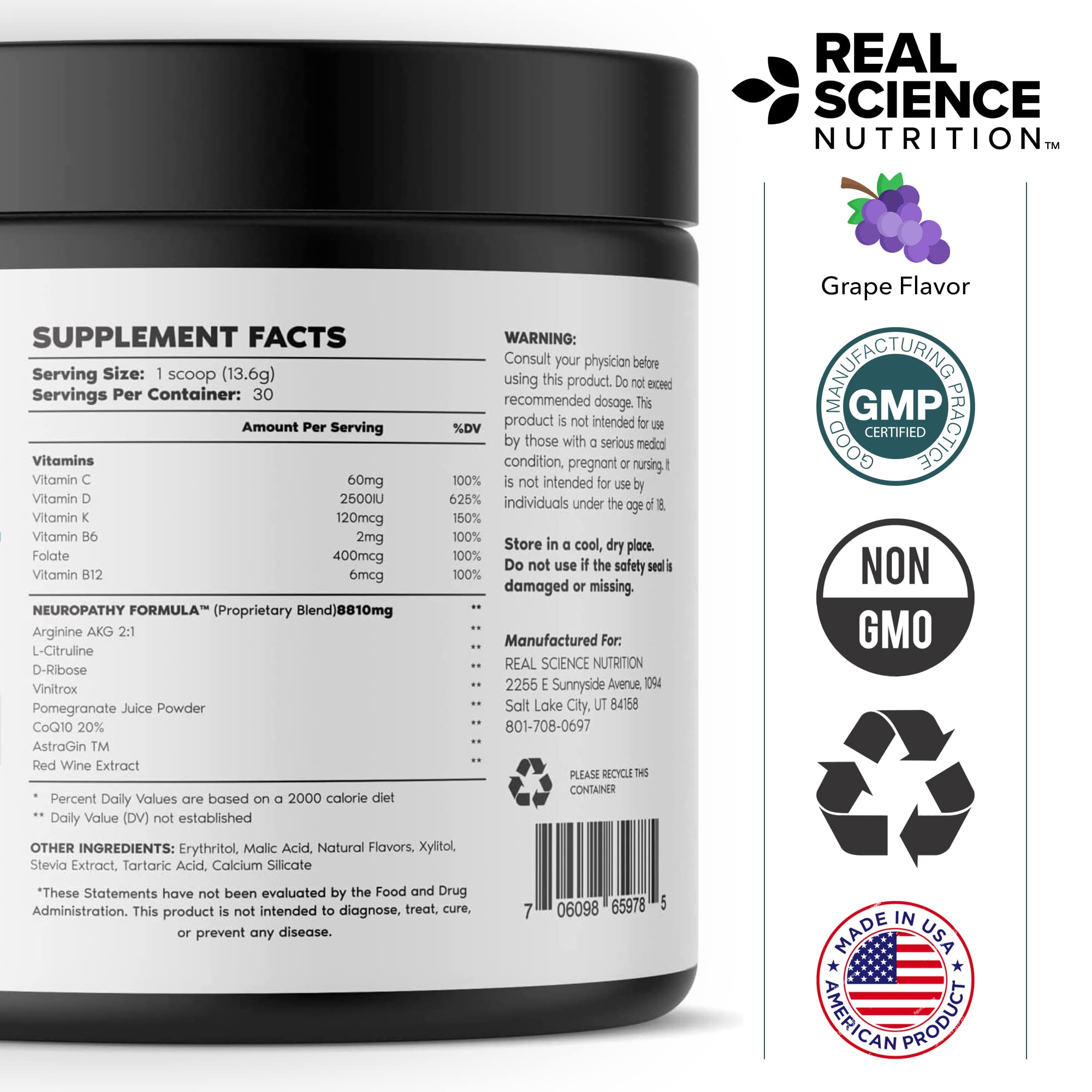 Real Science Nutrition Neuropathy Miracle ingredients blend with nitric oxide support