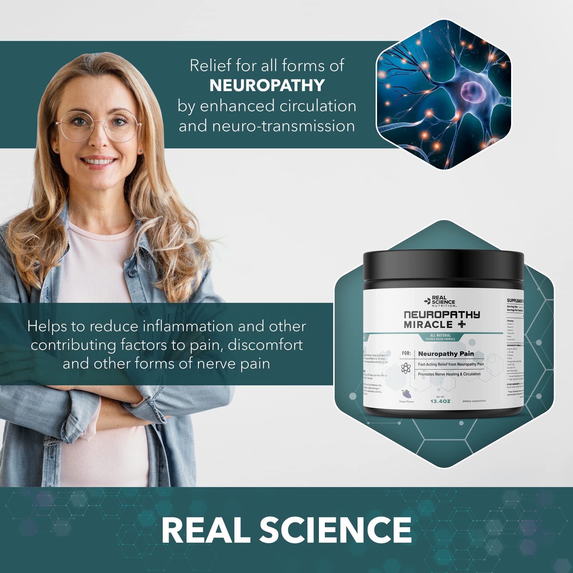 Real Science Nutrition Neuropathy Miracle tub packaging highlighting USA-made quality