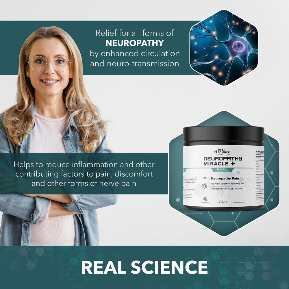 Real Science Nutrition Neuropathy Miracle tub packaging highlighting USA-made quality