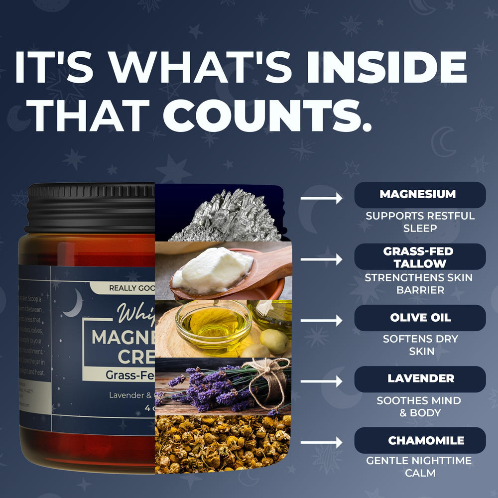 Really Good Blends Magnesium Cream 4 oz jar highlights generous nightly-use size.