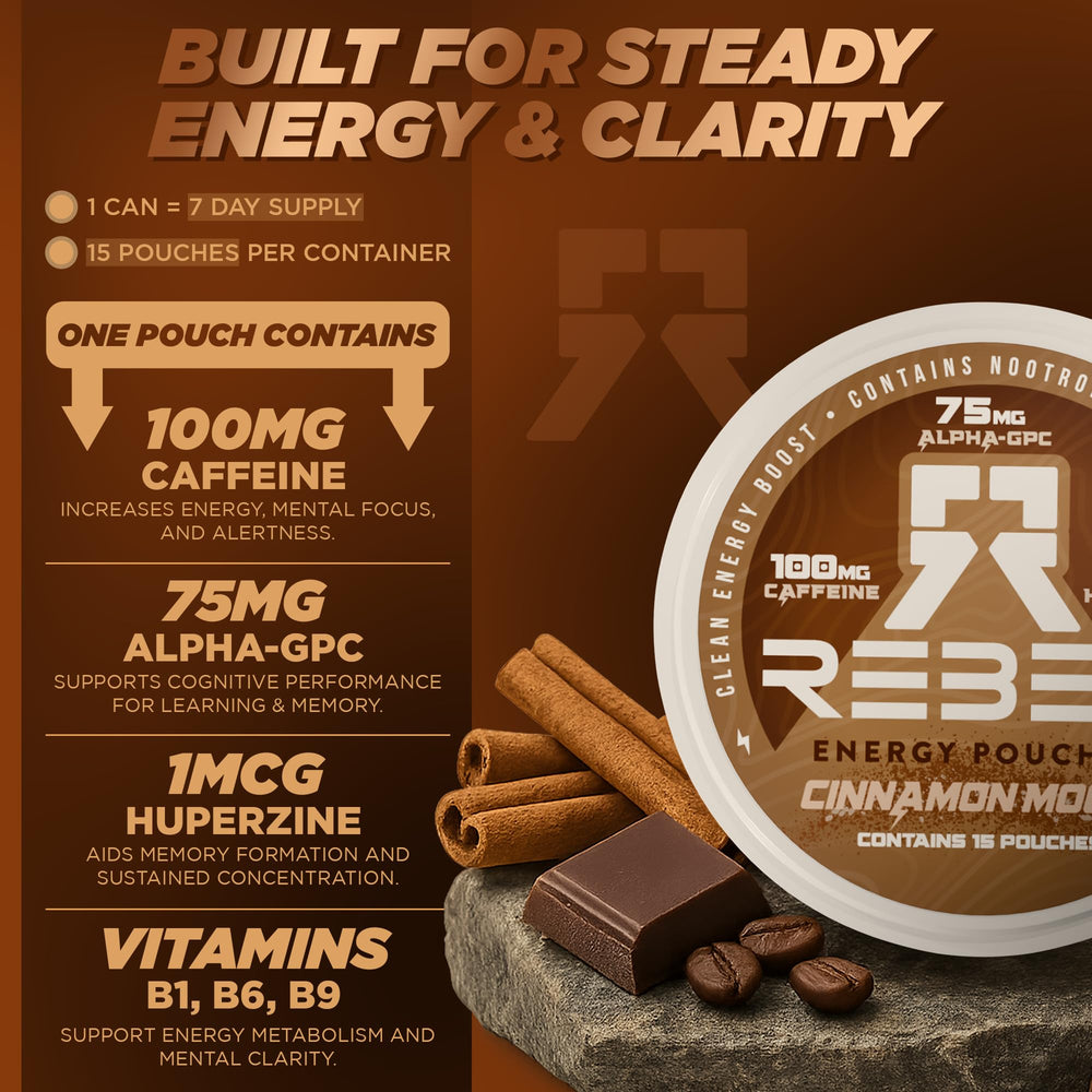 Rebel Cinnamon Mocha can side view highlighting sugar-free caffeine blend.