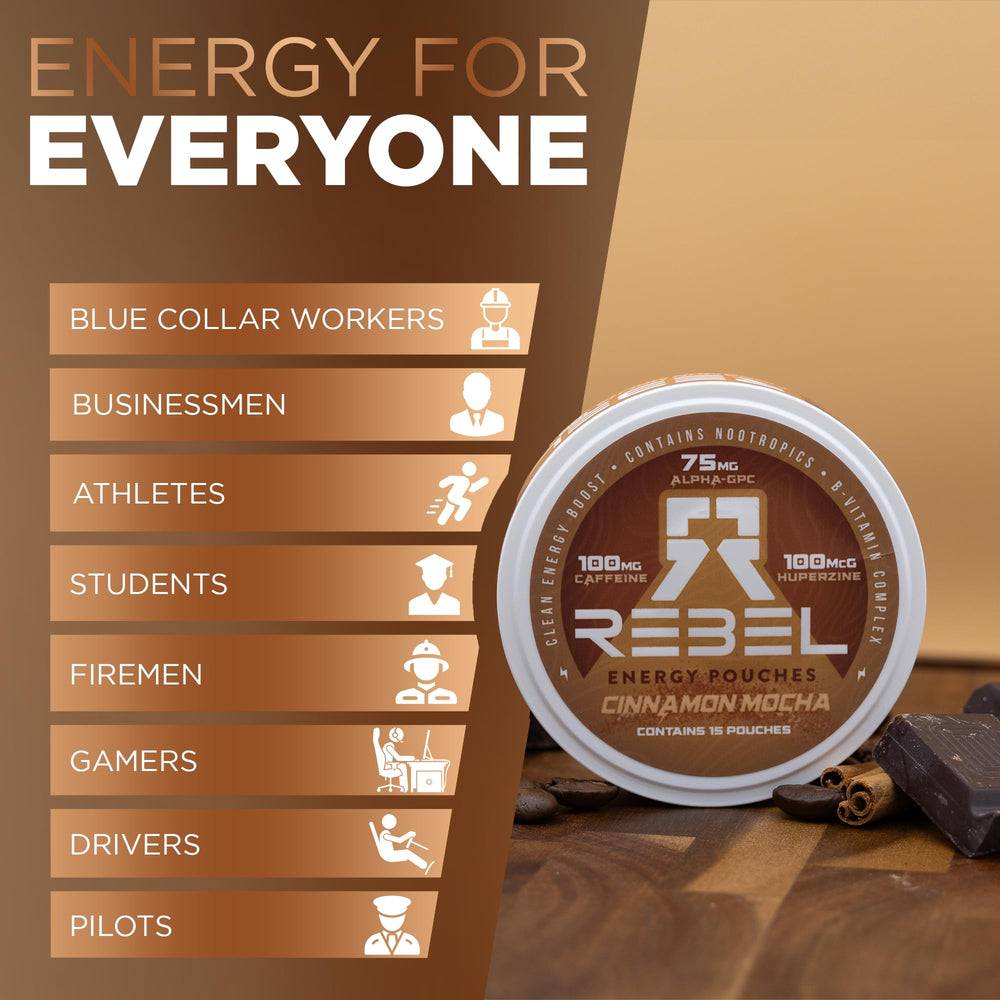 Rebel Cinnamon Mocha label detail features Alpha GPC and Huperzine A.