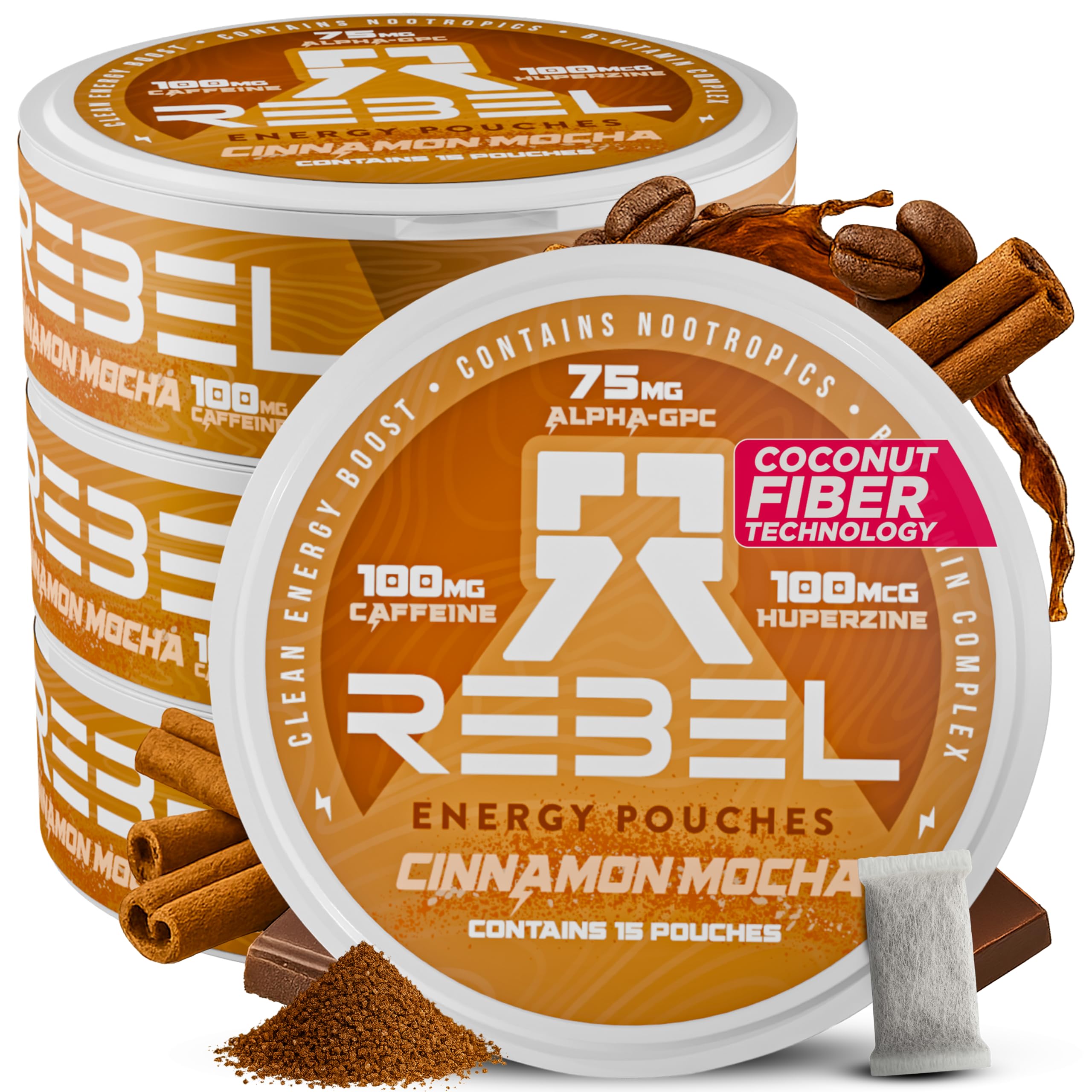 Rebel Supplements Cinnamon Mocha pack front for on-the-go energy and focus.