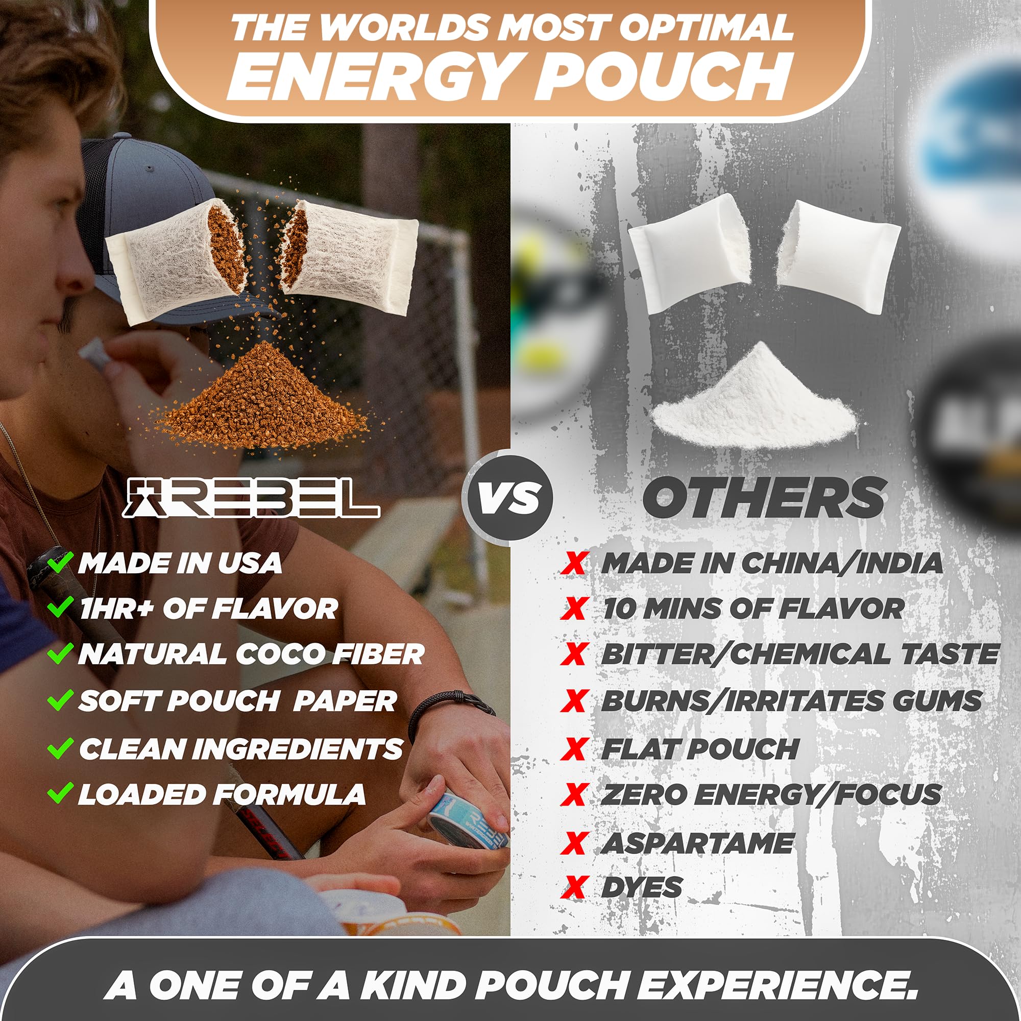 Rebel Cinnamon Mocha pouch closeup texture highlights soft gum feel and no burn.