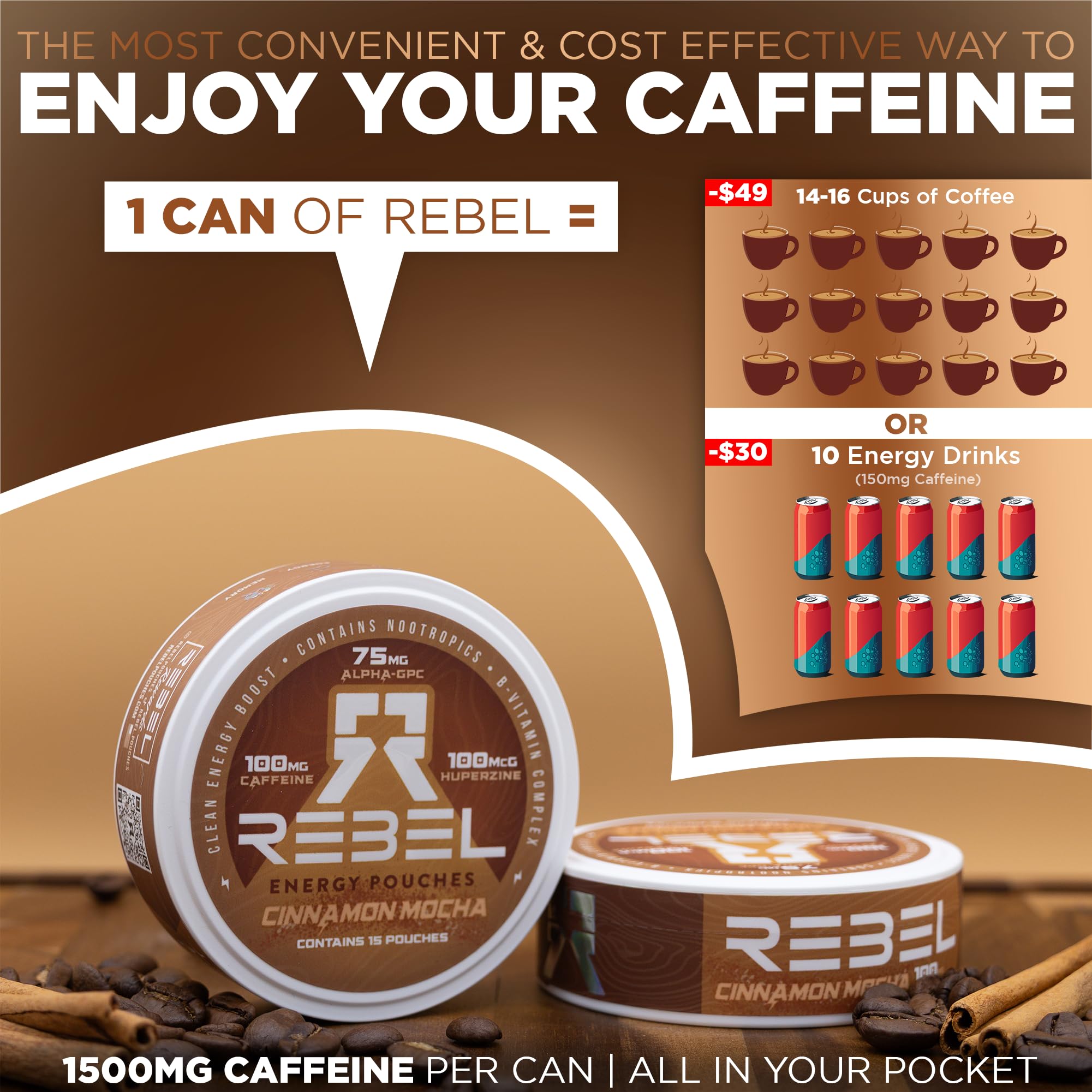 Rebel Cinnamon Mocha pouch in pocket demonstrates portable energy.