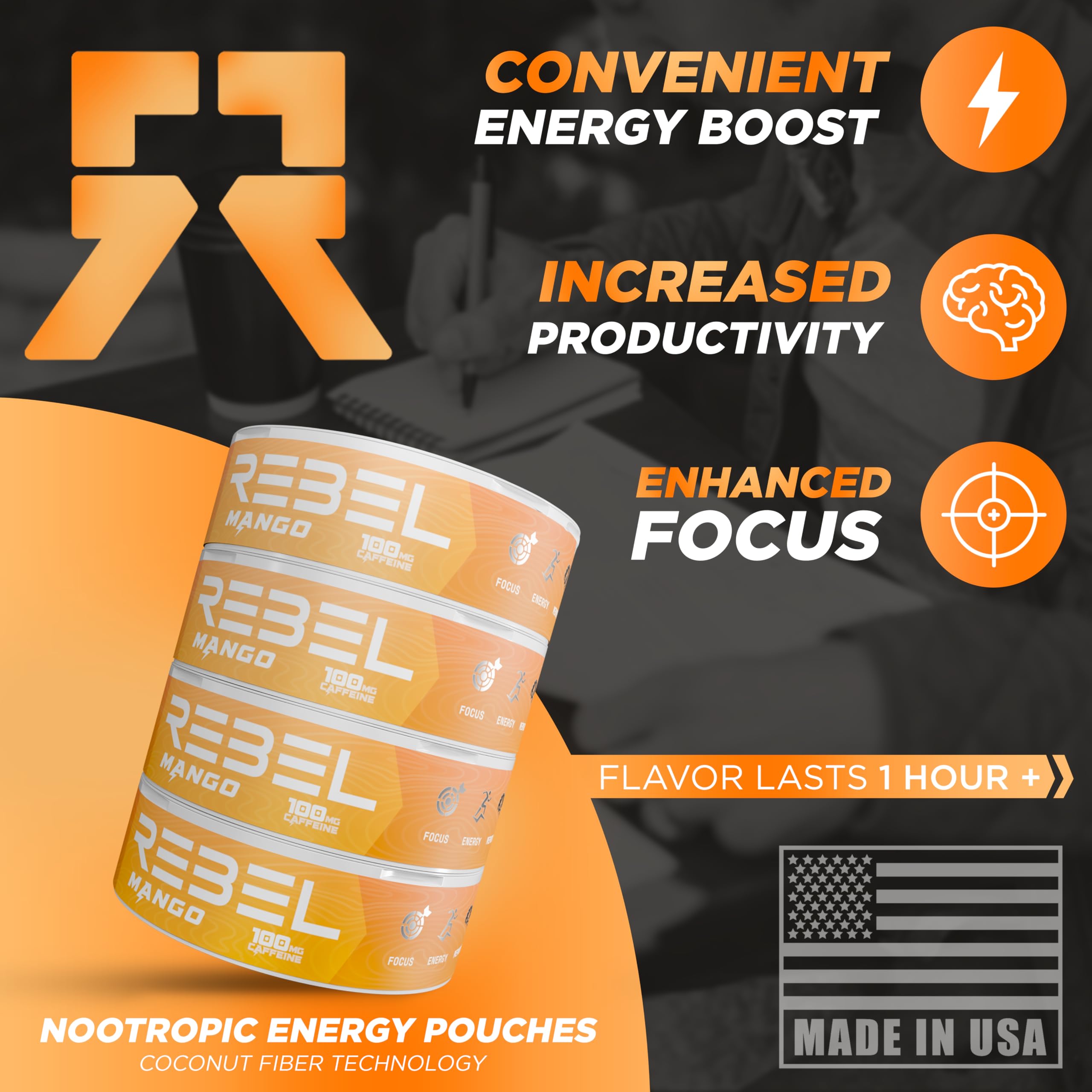 Rebel Supplements Nootropic Energy Mango label ingredients highlights Alpha GPC and B-vitamins.