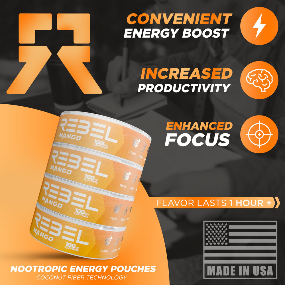 Rebel Supplements Nootropic Energy Mango label ingredients highlights Alpha GPC and B-vitamins.
