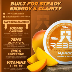 Rebel Supplements Nootropic Energy Mango pack with 15 pouches demonstrates portable energy.