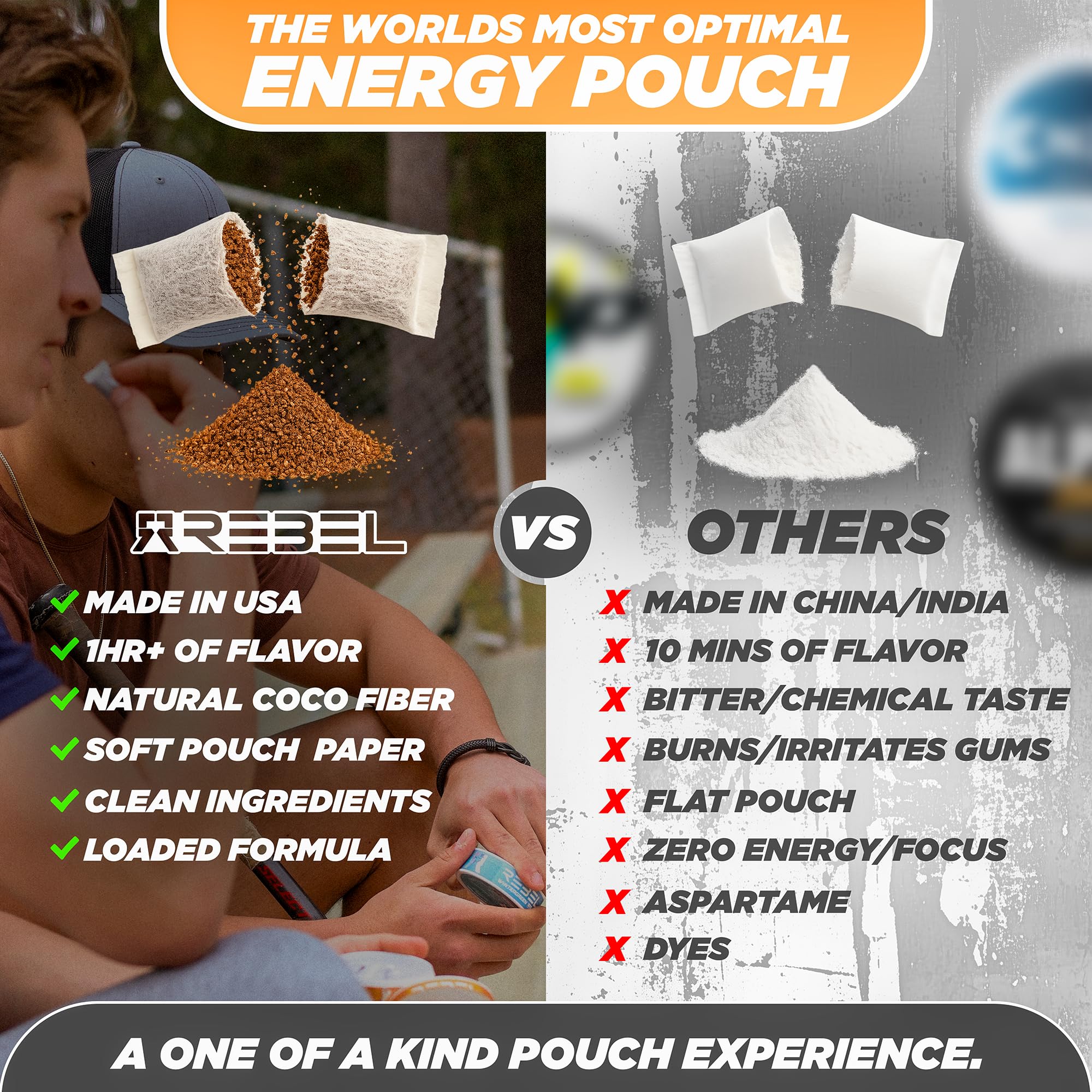 Rebel Supplements Nootropic Energy Mango pouch closeup highlights smooth release and comfort.