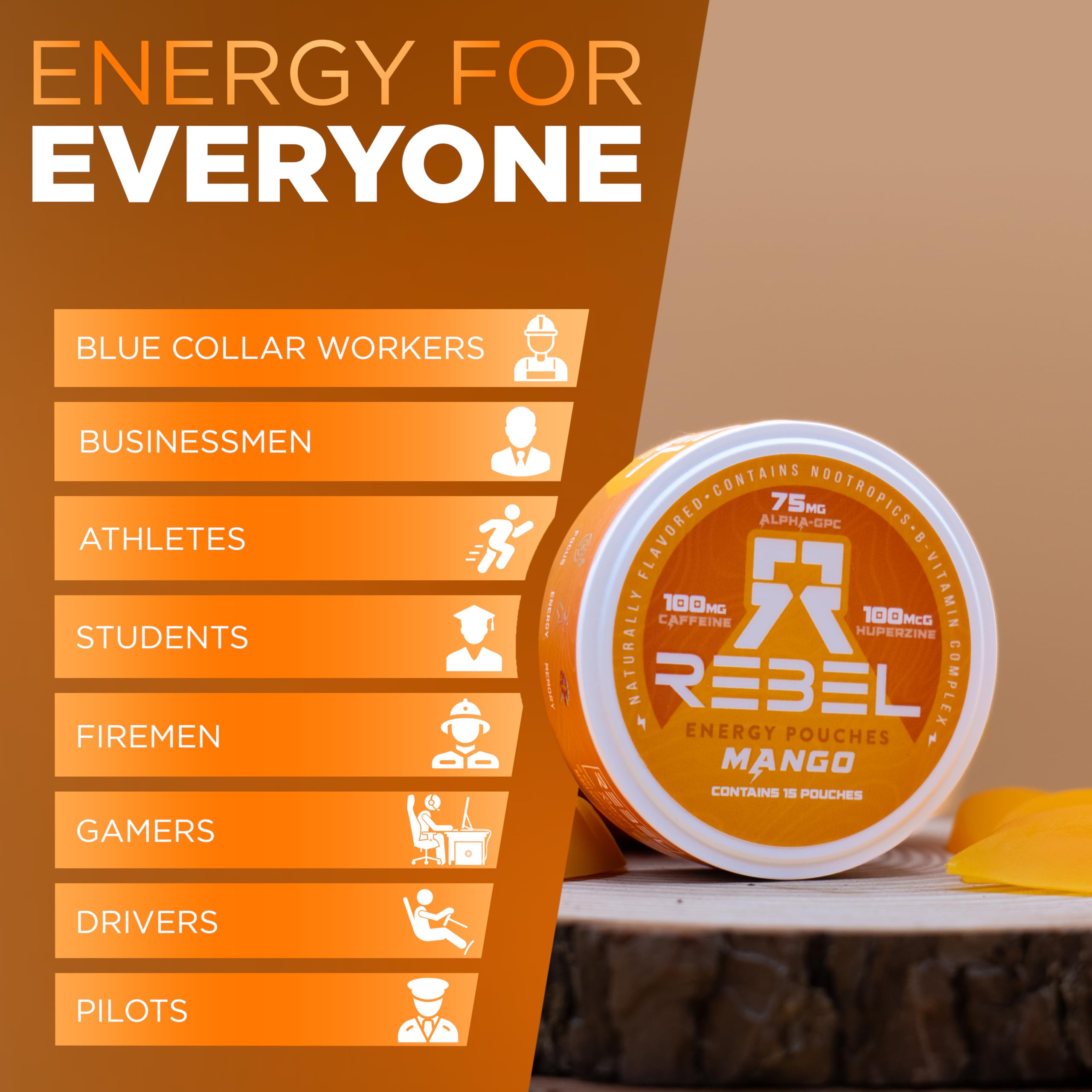Rebel Supplements Nootropic Energy Mango usage on the go shows quick energy dosing.