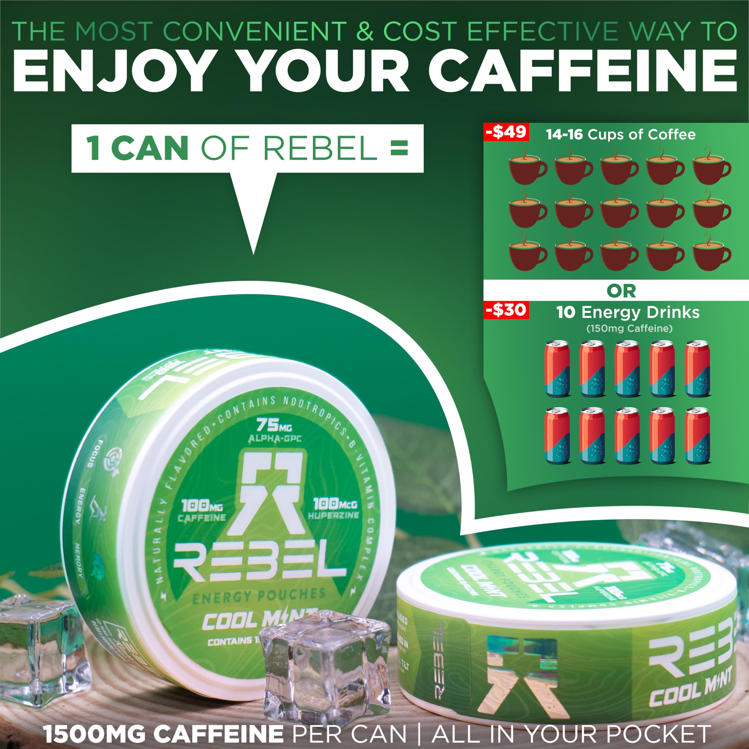 Rebel Supplements Sugar-free badge highlights lasting mint flavor
