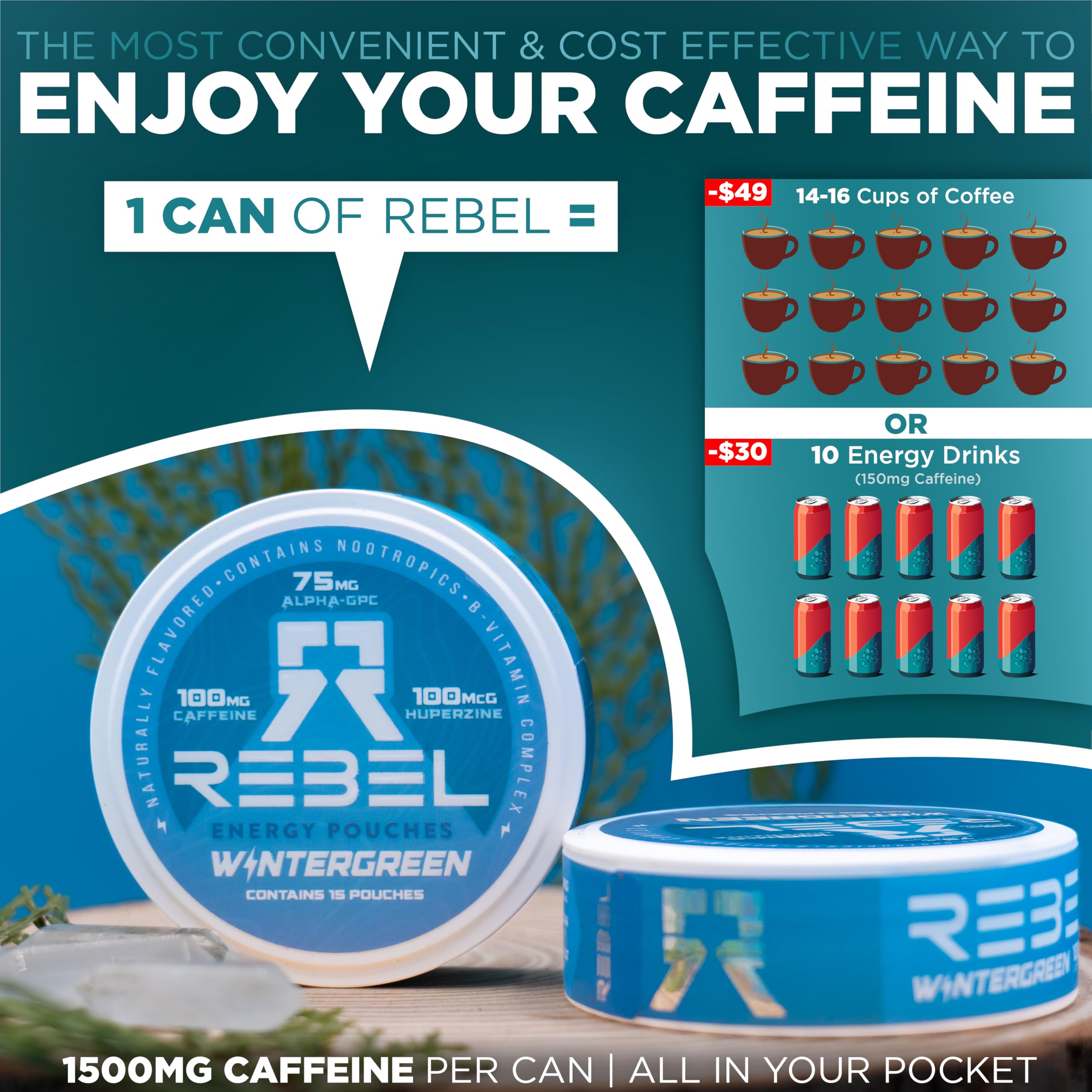 Rebel Supplements Wintergreen ingredients label view highlights Alpha GPC and B-vitamins for cognitive support.