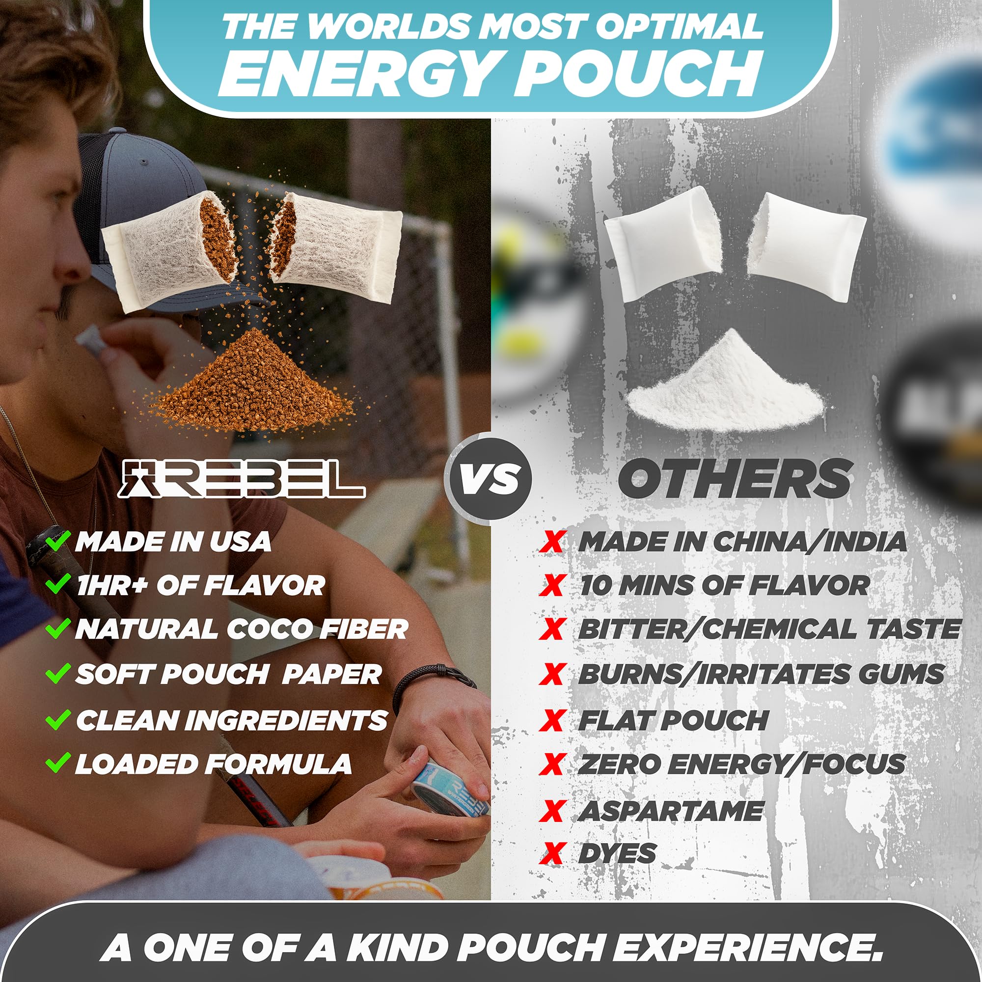 Rebel Supplements Wintergreen pouch contents closeup emphasizes sugar-free, mint aroma without jittery effects.