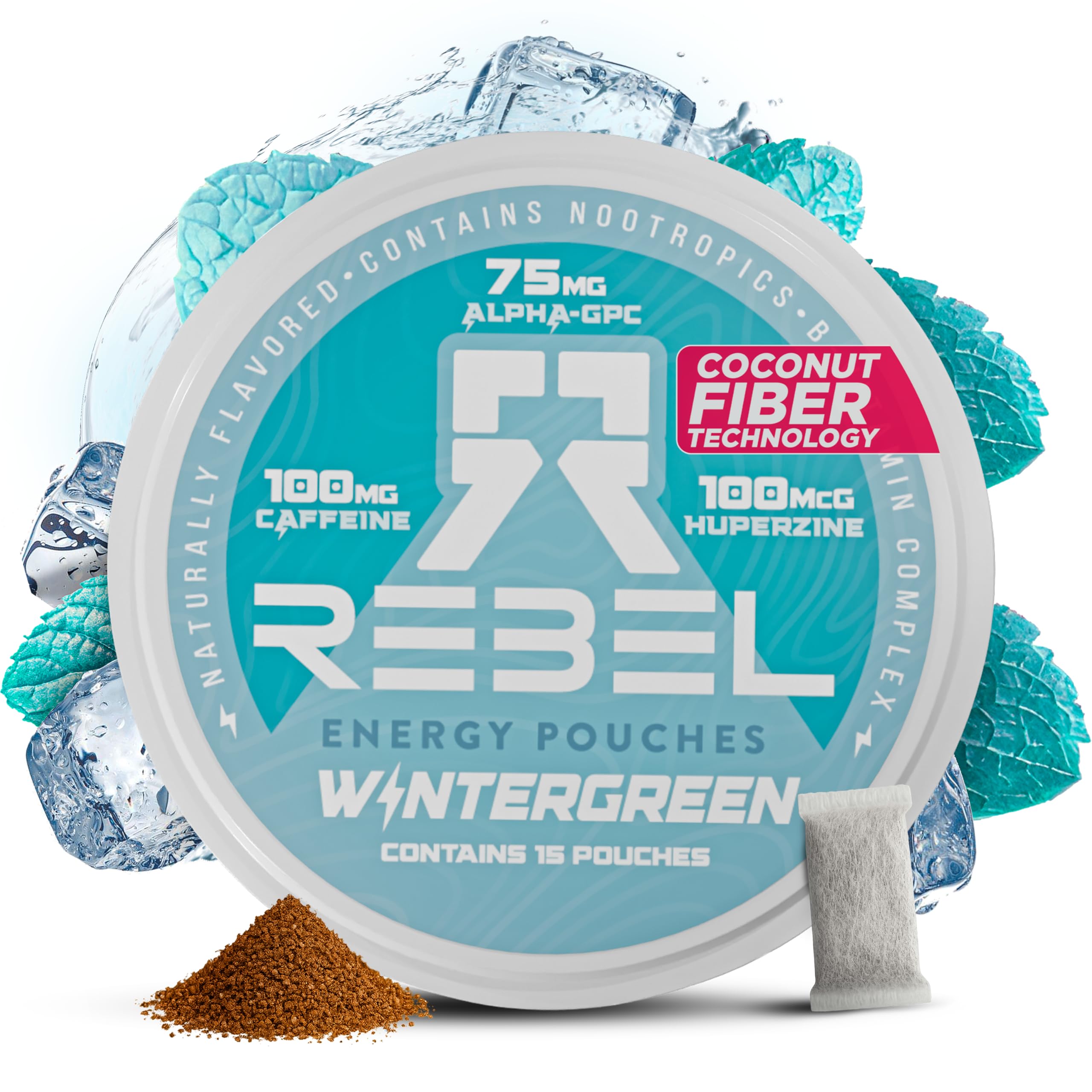 Rebel Supplements Nootropic Energy Wintergreen pouch front view showing pocket-friendly, clean energy on the go.