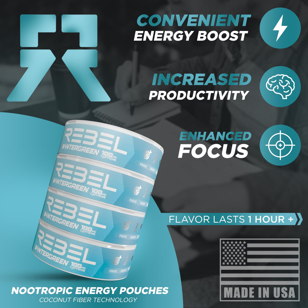 Rebel Supplements Wintergreen pouch mint flavor closeup conveys refreshing, sugar-free taste with smooth energy.
