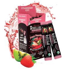 Rebellious Strawberry Kiwi Organic Drink Mix front packaging shows zero-calorie energy option.