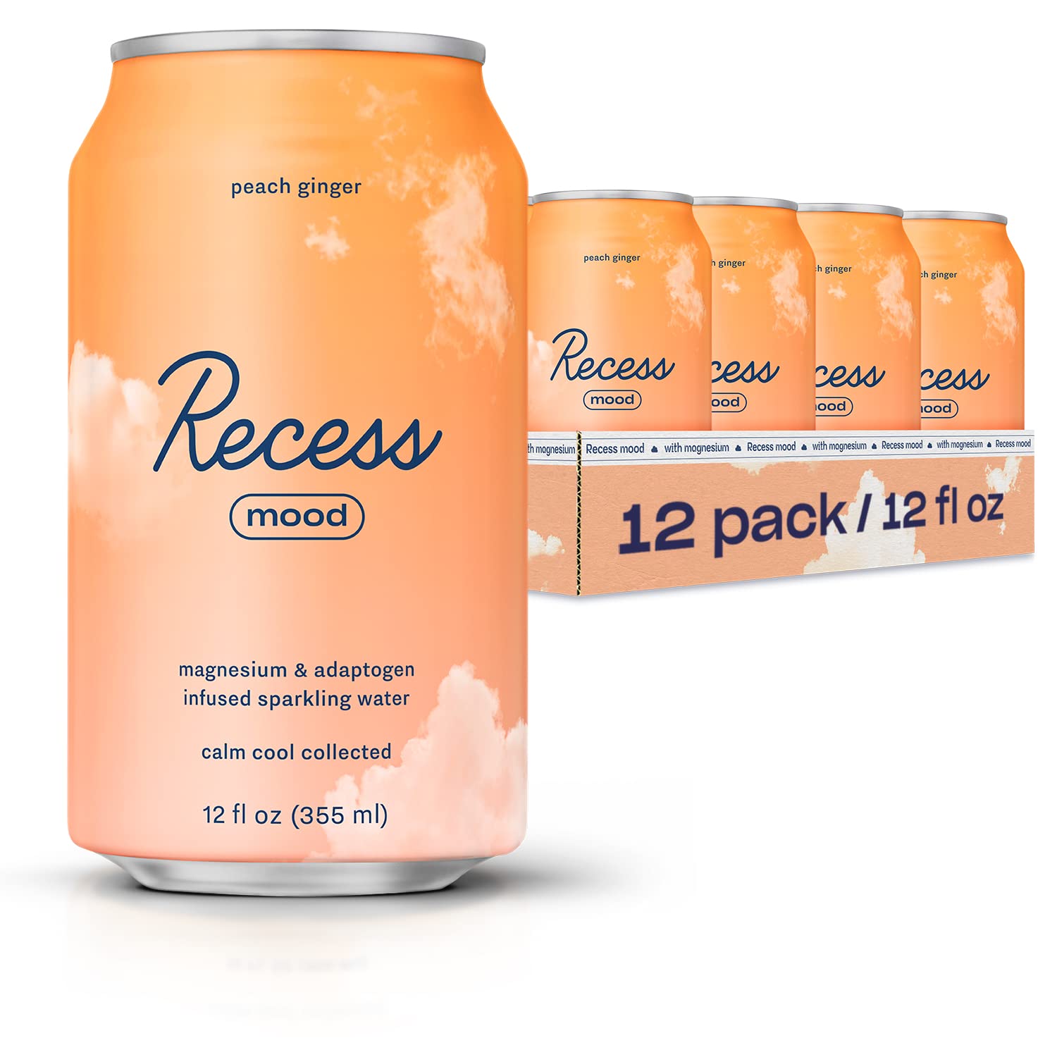 Recess Mood magnesium drink peach-ginger bottle showing refreshing flavor and calm moment