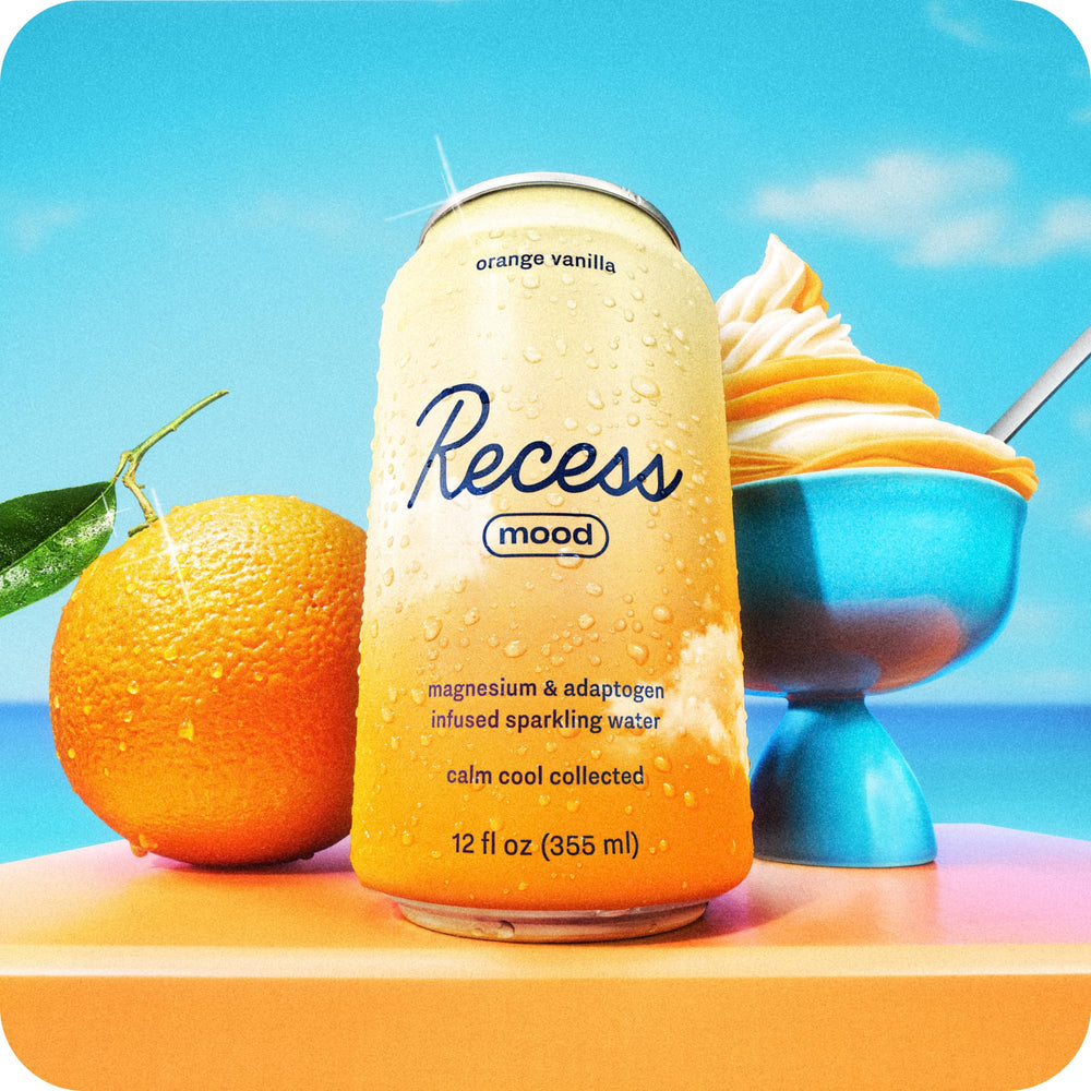 Recess Mood Orange Vanilla label closeup highlights ingredients for calm moments