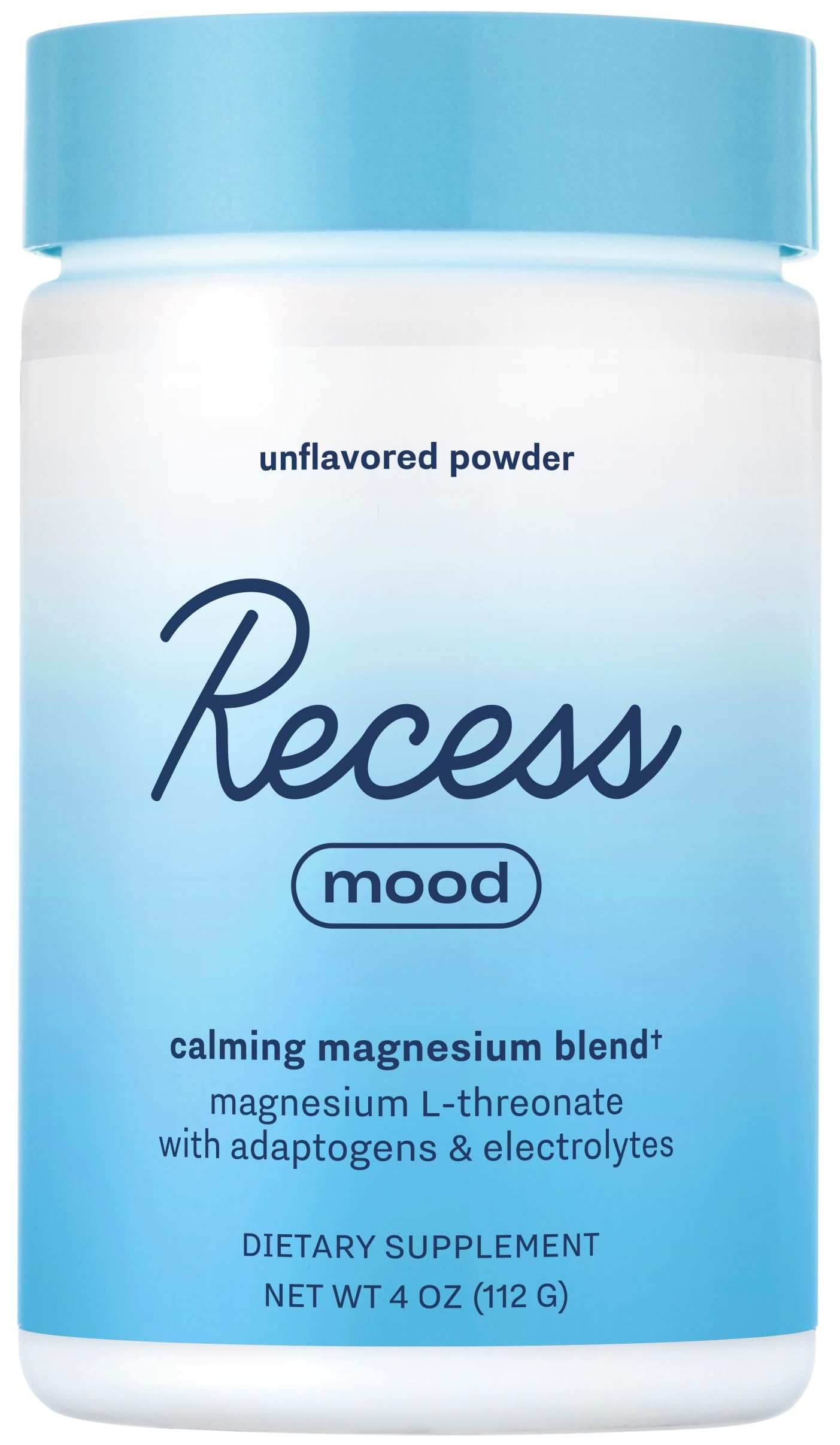 Recess Mood Powder tub front label highlighting calming magnesium blend.