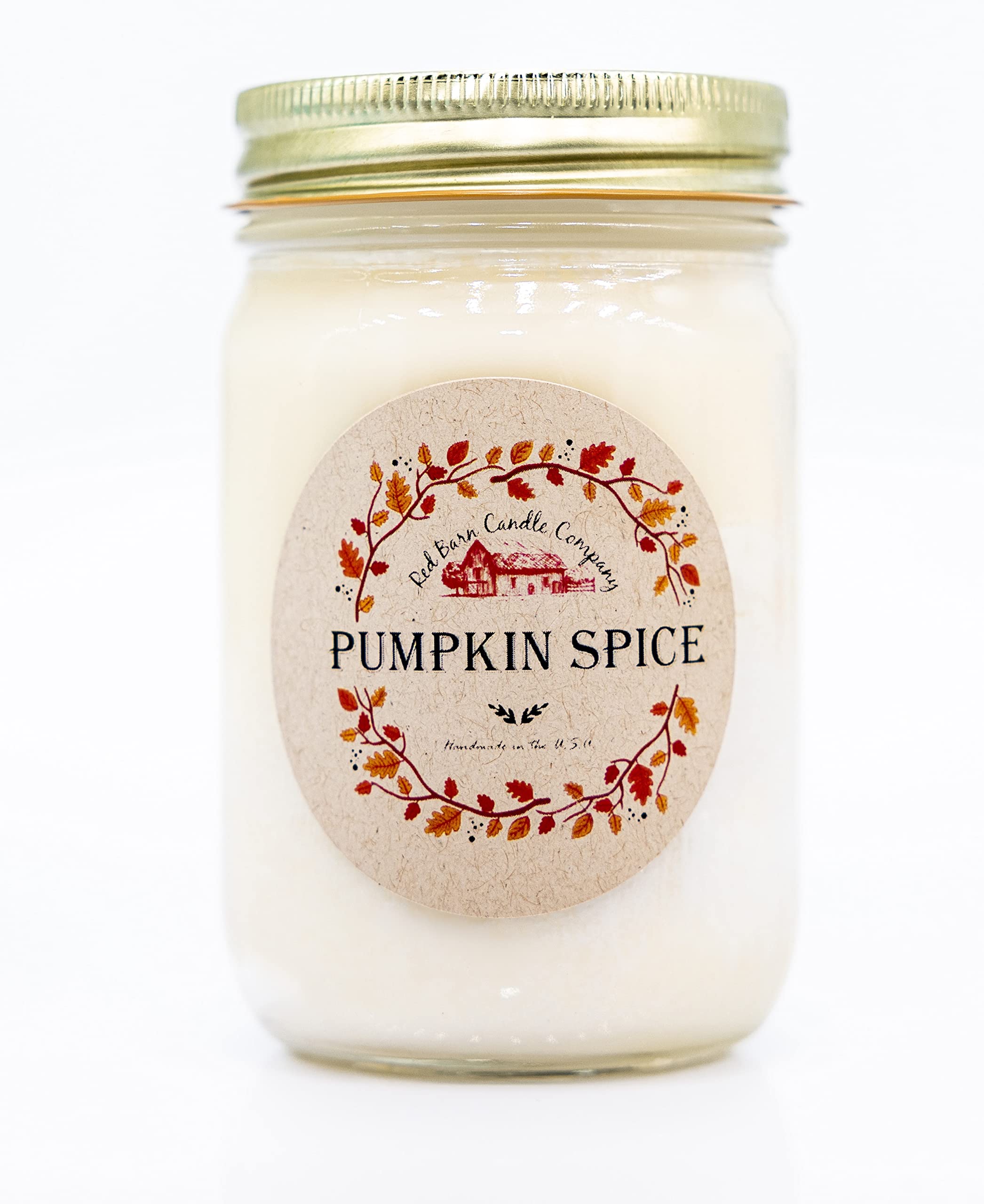 Red Barn Candle Company pumpkin spice jar fills the room with warm autumn aroma.