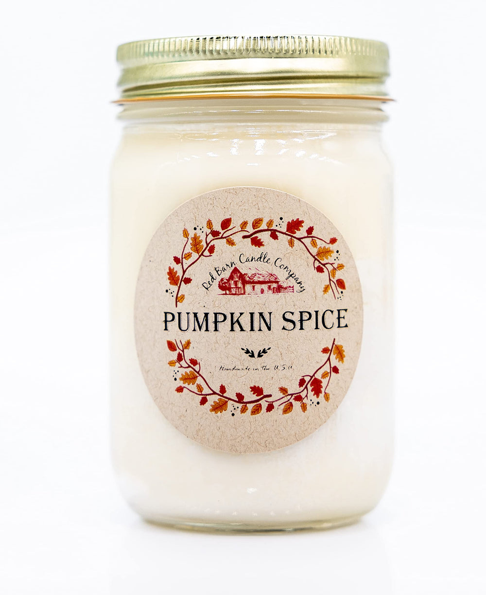 Red Barn Candle Company pumpkin spice jar fills the room with warm autumn aroma.