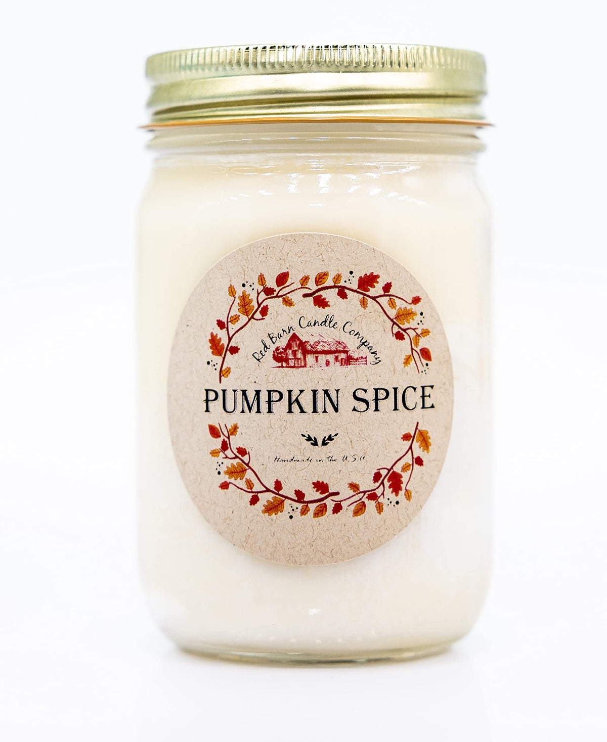 Red Barn Candle Company pumpkin spice jar fills the room with warm autumn aroma.