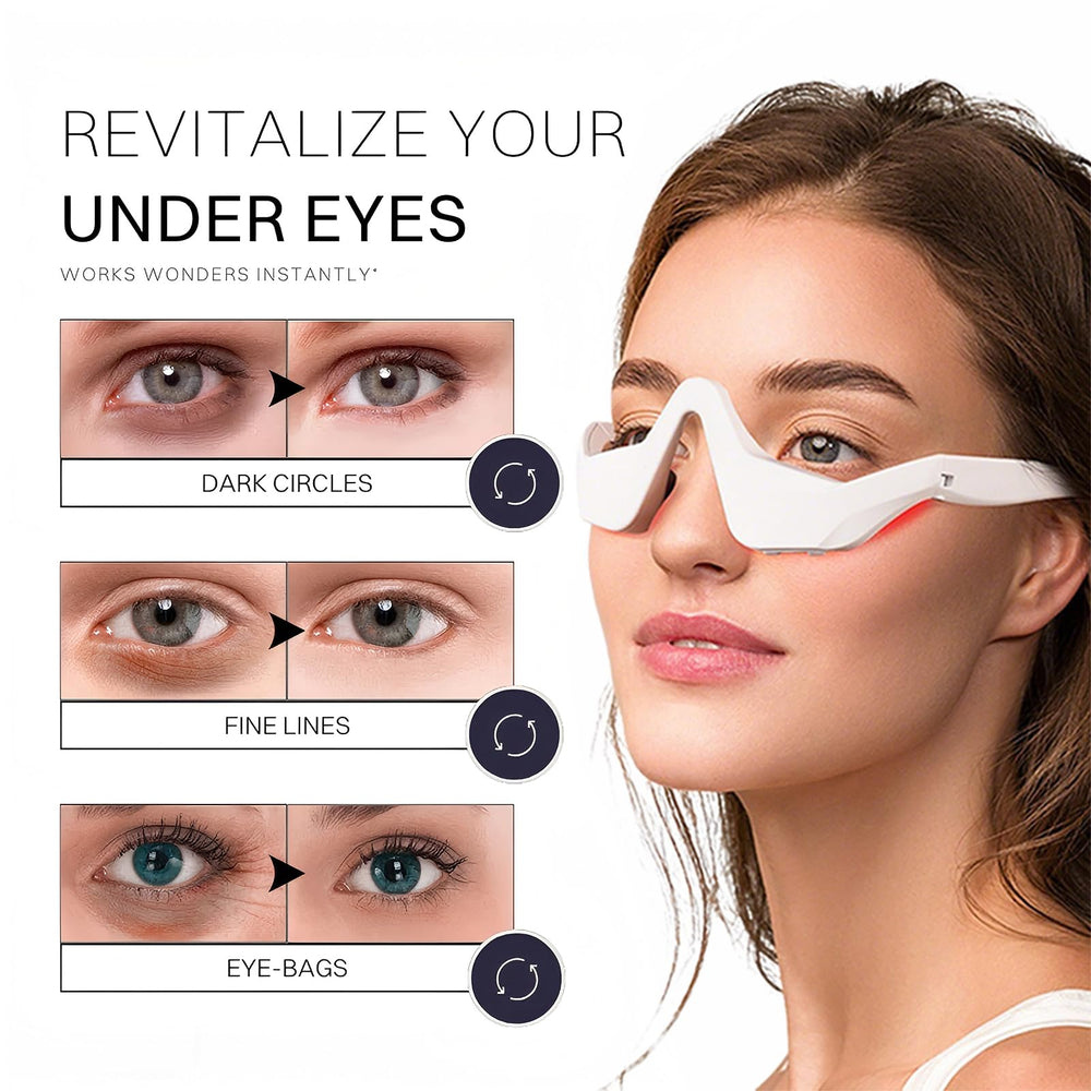 Red light therapy glasses under-eye area view; may soften dark circles and smooth skin