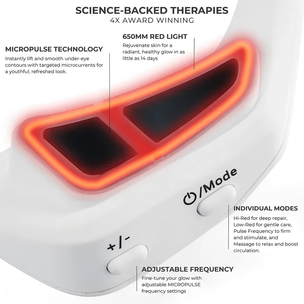Red light therapy glasses wrinkles focus shot; supports smoother eye skin