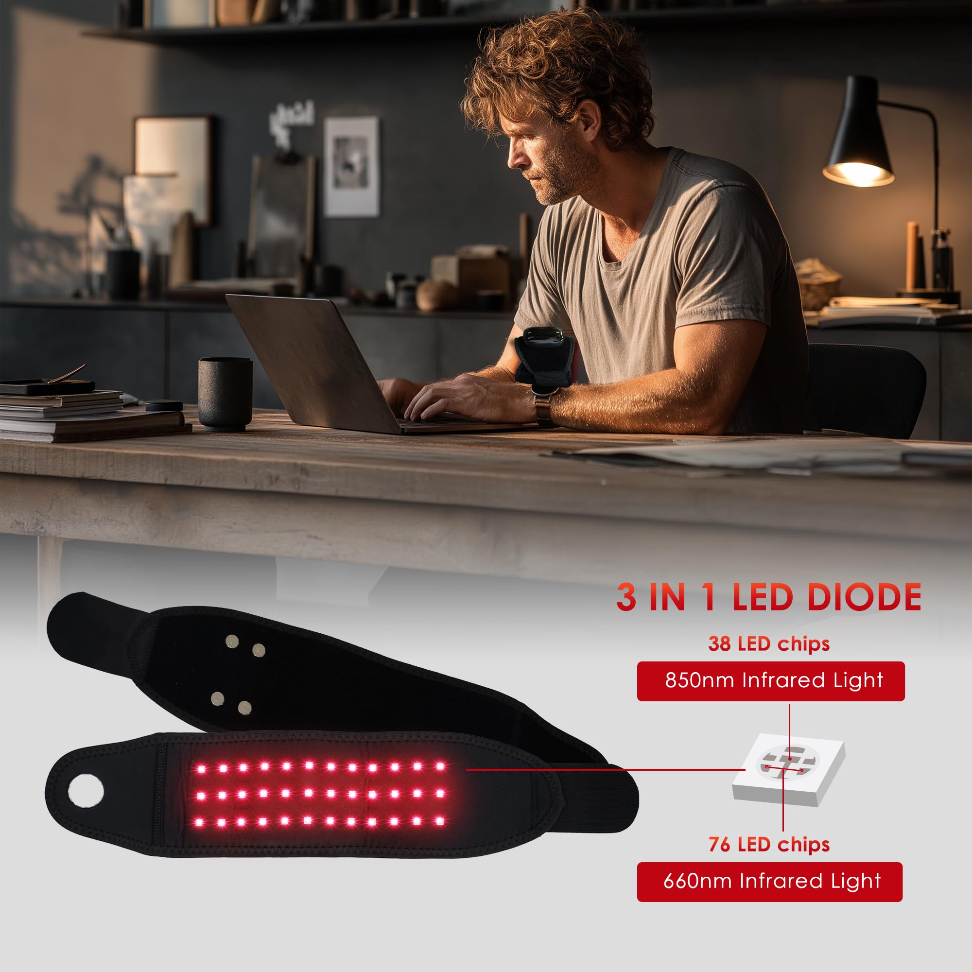 Red Light Therapy Wristband ergonomic design fits most wrists comfortably.