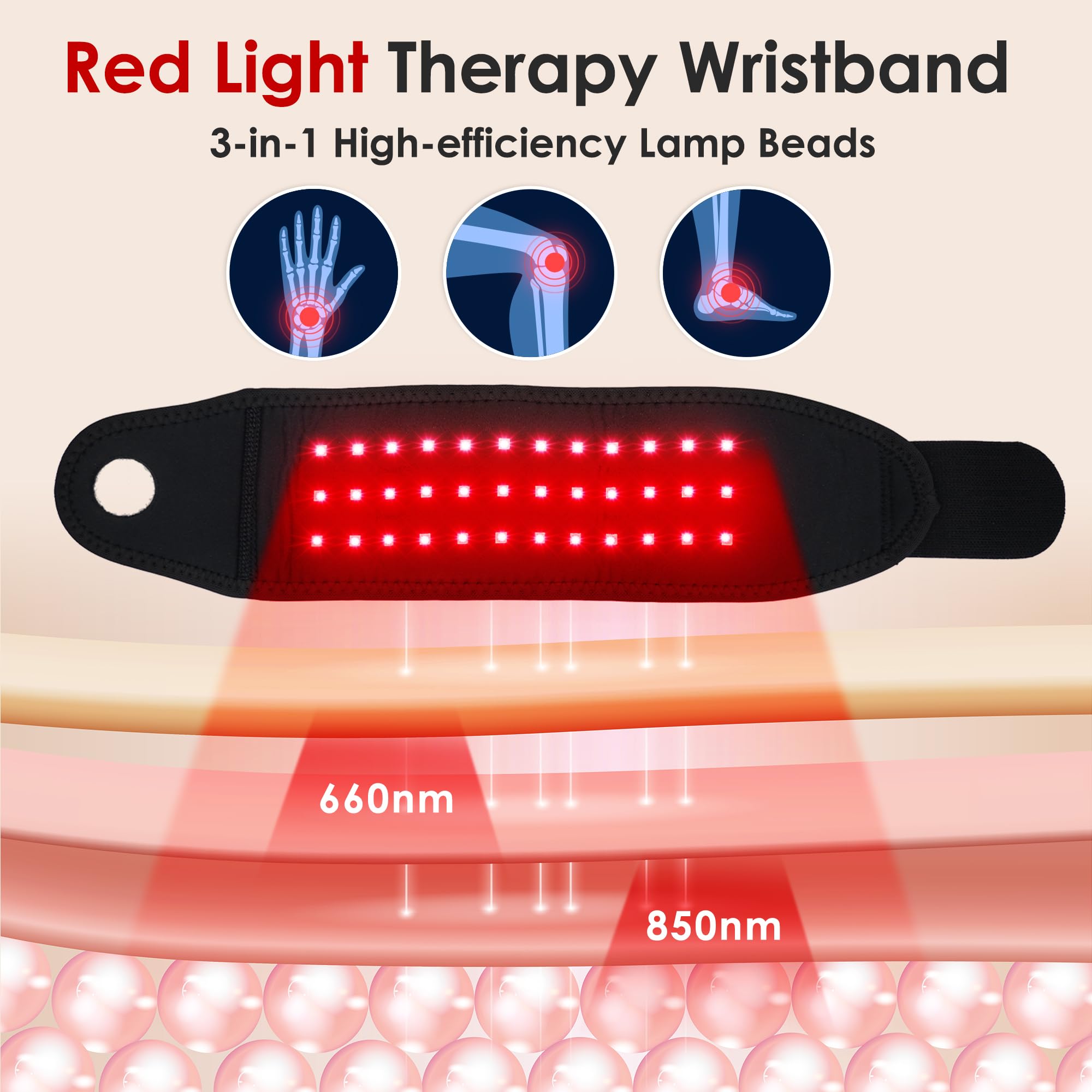 Red Light Therapy Wristband heat settings show customizable warmth range.
