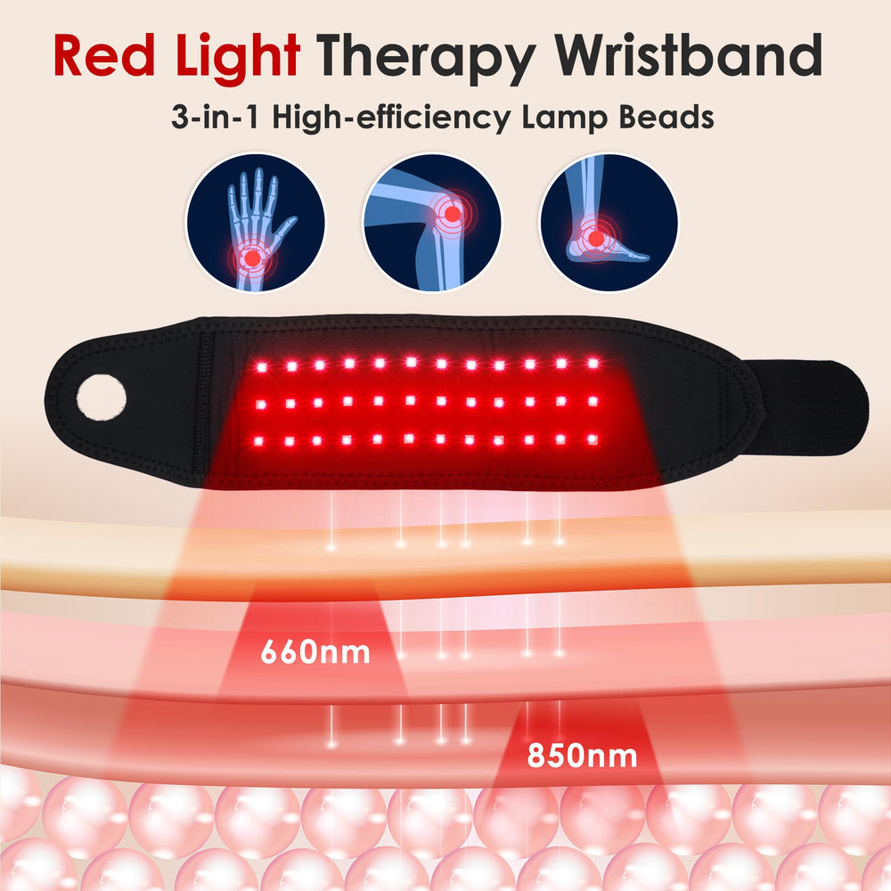 Red Light Therapy Wristband heat settings show customizable warmth range.