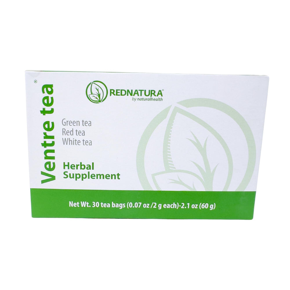Red Natura Be Lax Tea packaging on a kitchen counter, convenient daily detox ritual.
