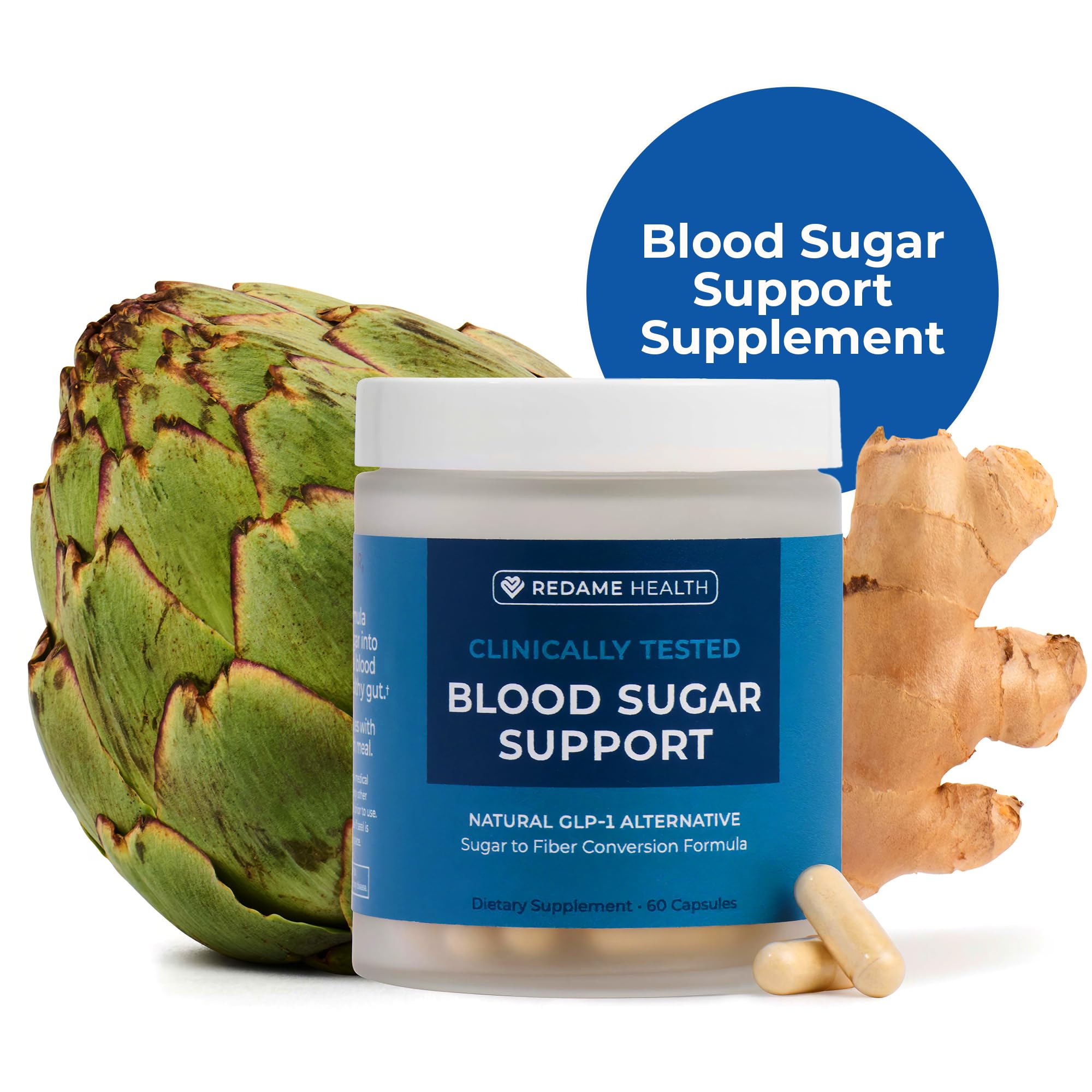 Redame Health capsules close up highlighting plant based ingredients for gentle glucose support