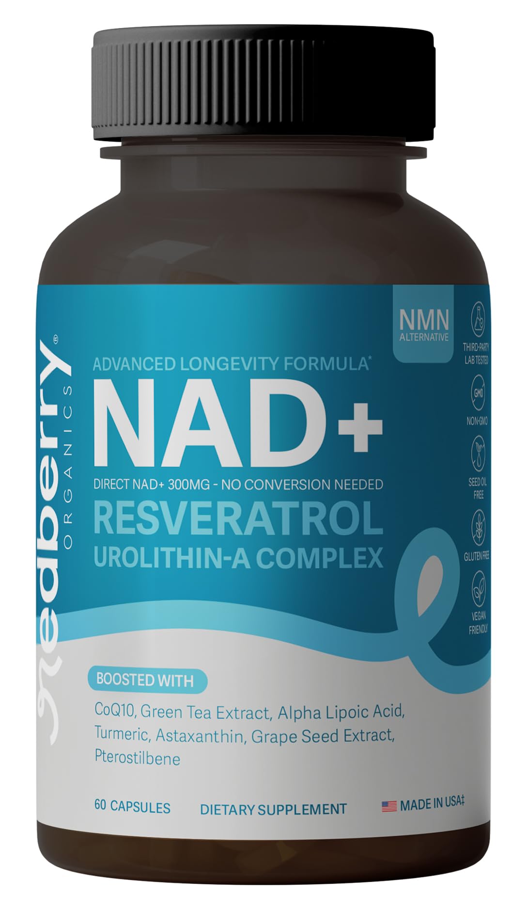 Redberry NAD+ bottle showcases sleek packaging for daily energy support.