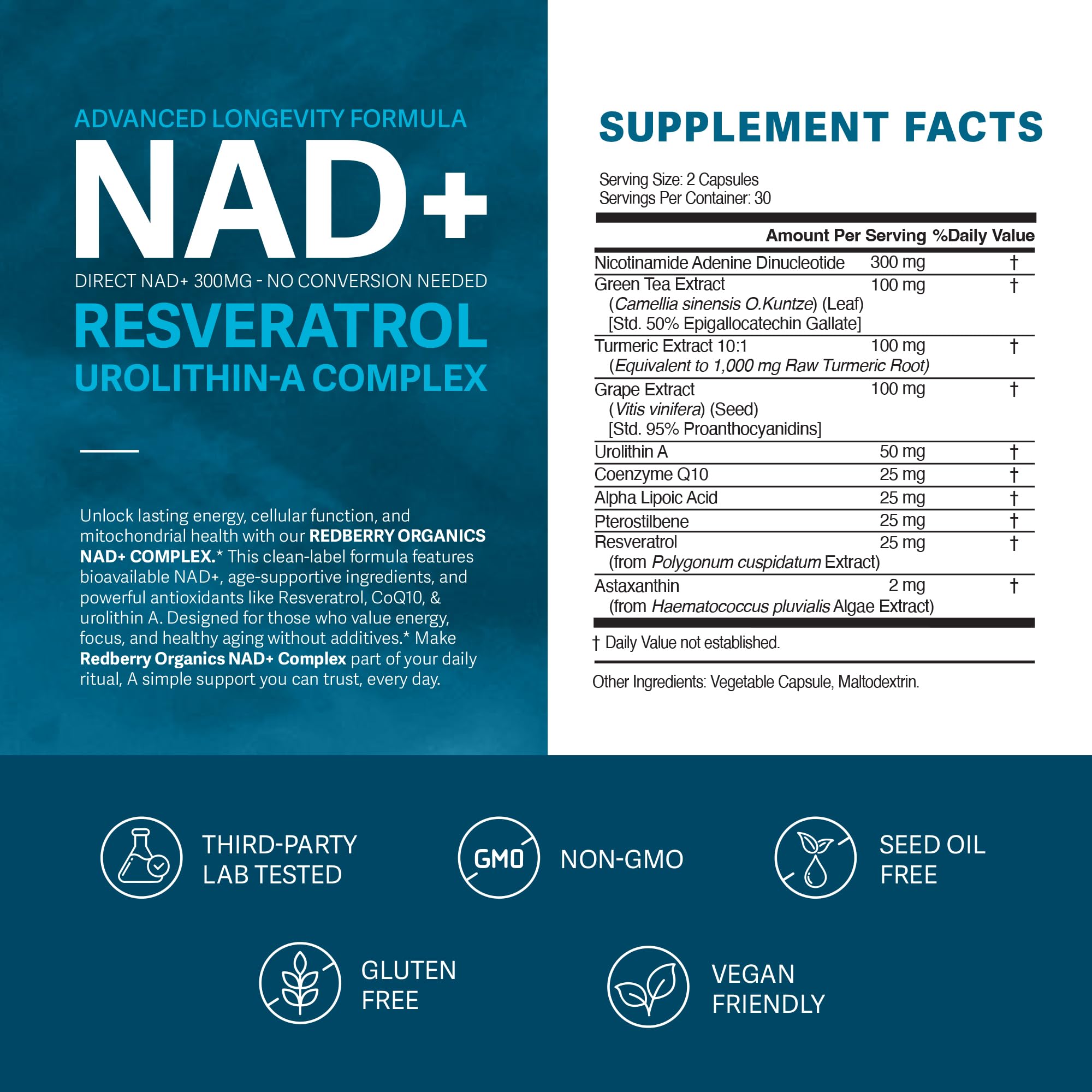 Redberry NAD capsules closeup highlighting direct NAD+ for vitality.
