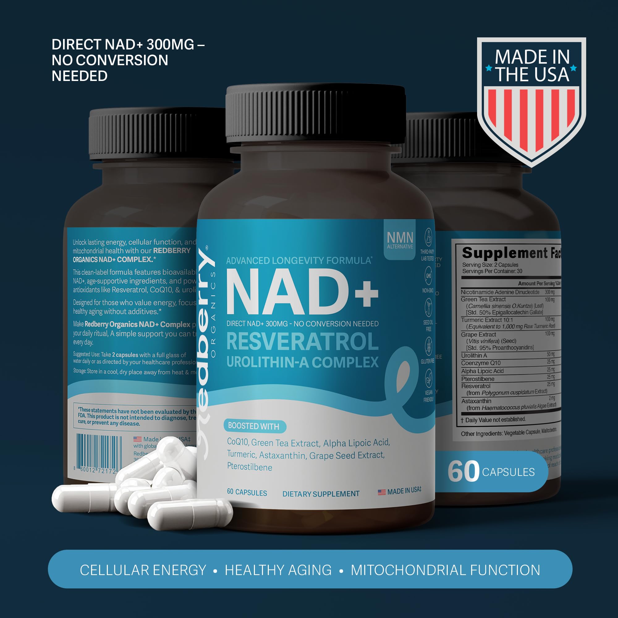Redberry NAD label details emphasizing vegan, gluten-free formula.