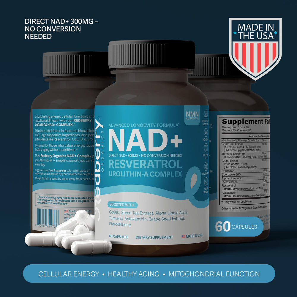 Redberry NAD label details emphasizing vegan, gluten-free formula.