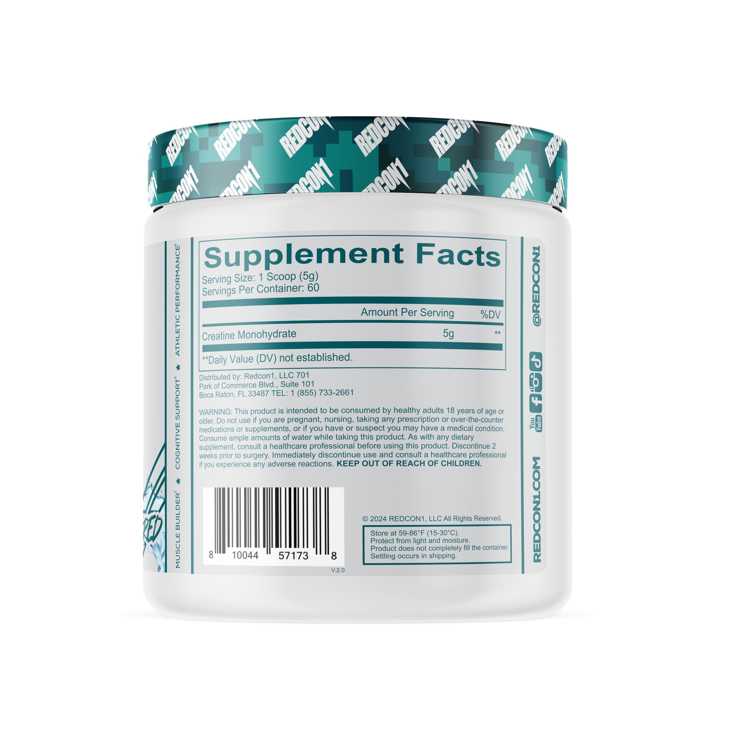 Redcon1 Creatine Monohydrate powder highlighting vegan and sugar-free formula.