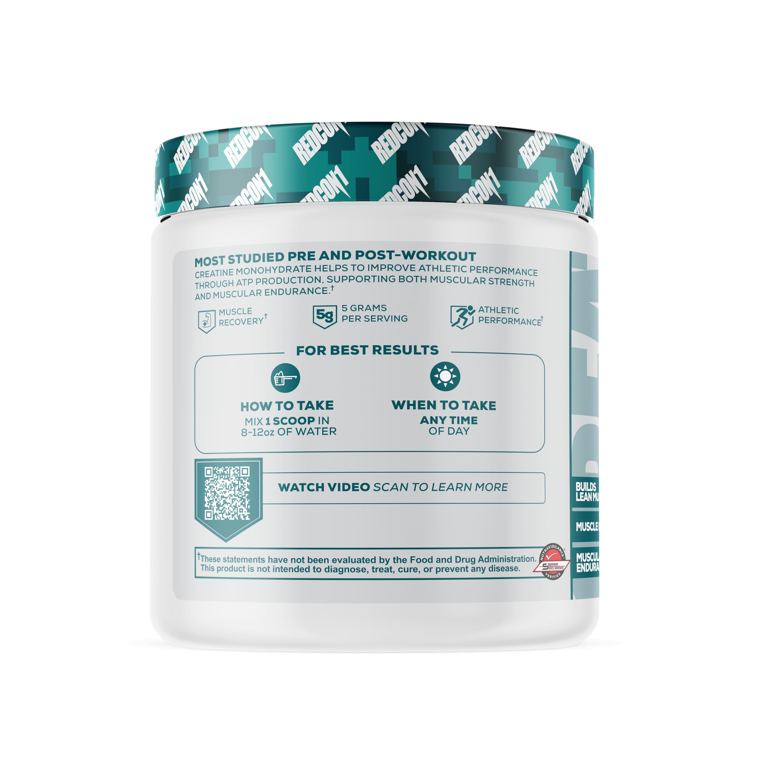Redcon1 Creatine Monohydrate scoop dispensing powder for post-workout recovery.