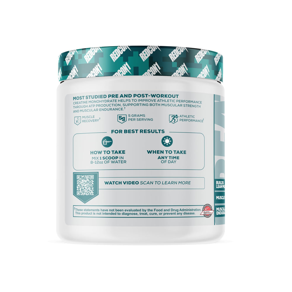 Redcon1 Creatine Monohydrate scoop dispensing powder for post-workout recovery.