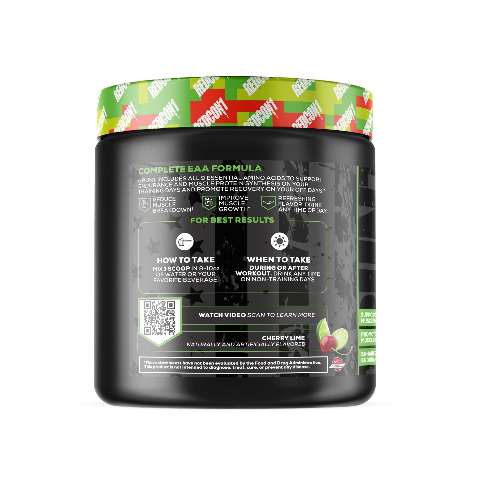 Grunt EAAs Cherry Lime bottle close-up highlighting the sugar-free formula