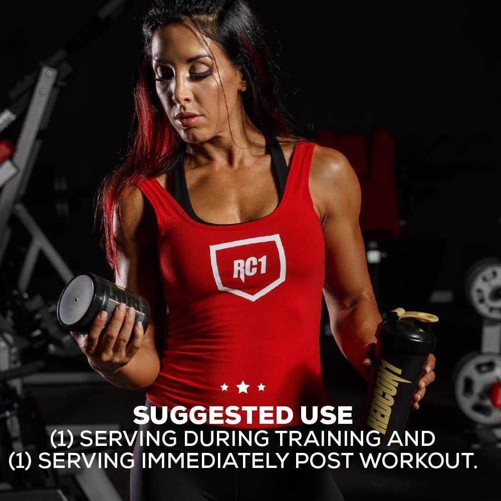Serving scoop beside a glass illustrating convenient post-workout amino acid support