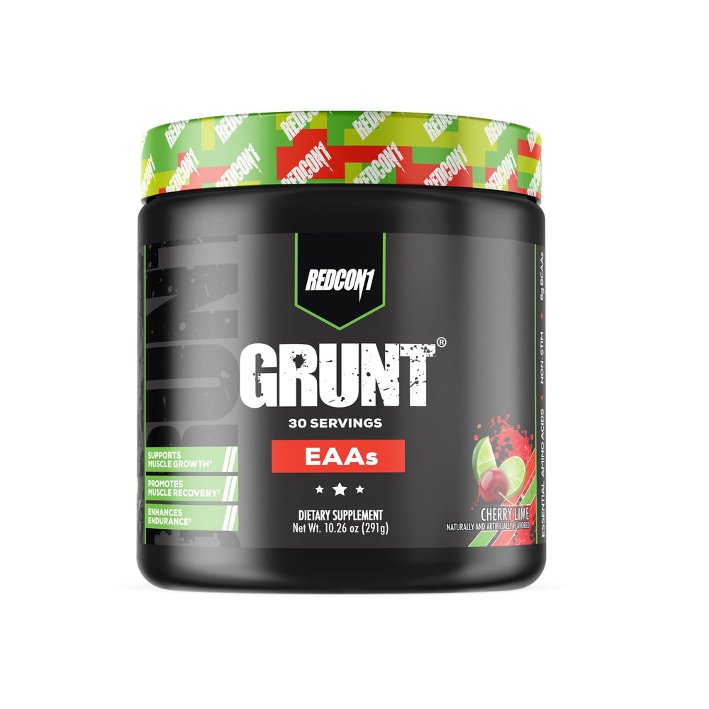 RedCon1 Grunt EAAs Cherry Lime tub with clear nutrition label for post-workout recovery