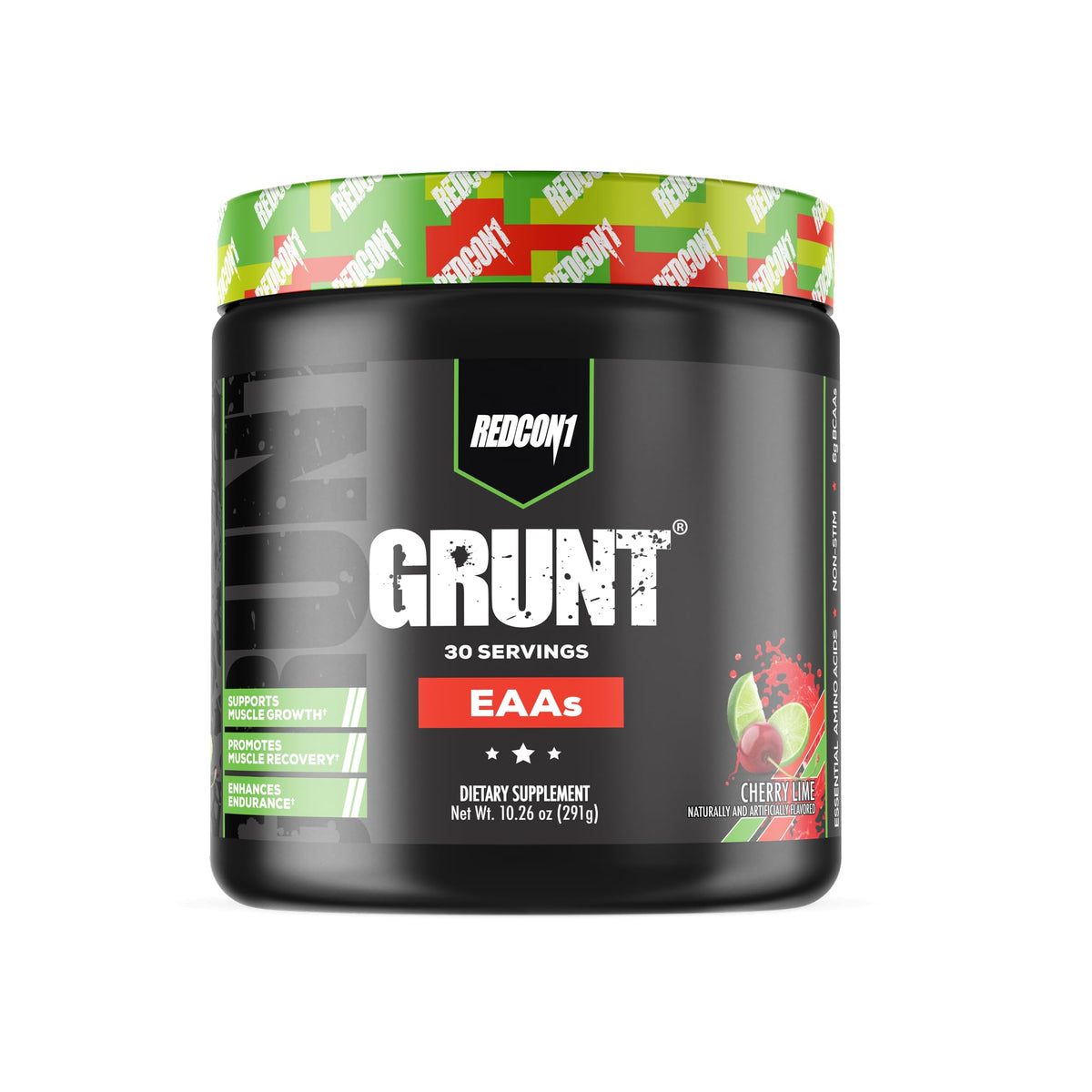 RedCon1 Grunt EAAs Cherry Lime tub with clear nutrition label for post-workout recovery
