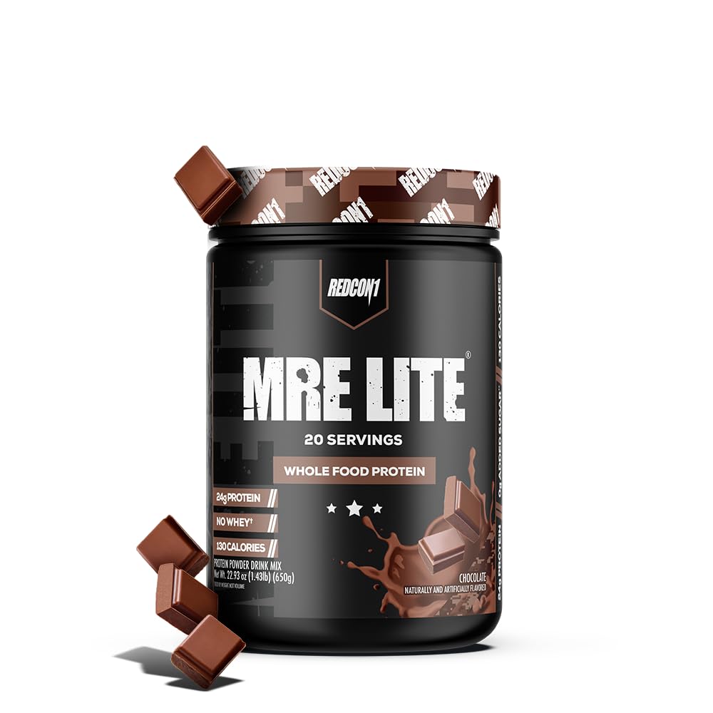 REDCON1 MRE Lite chocolate powder bottle highlights convenient meal replacement.